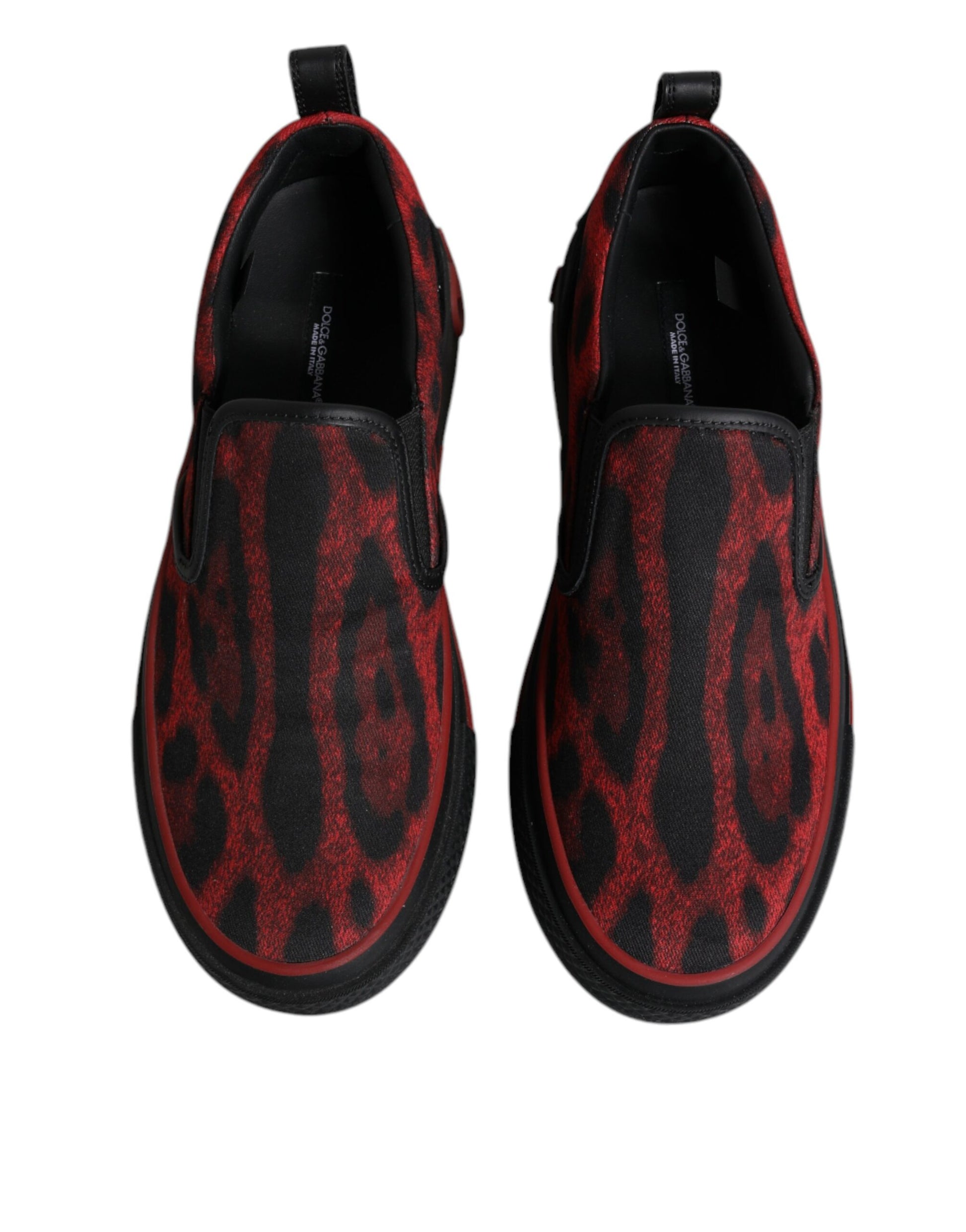 Pair of red black leopard print men's low top sneakers