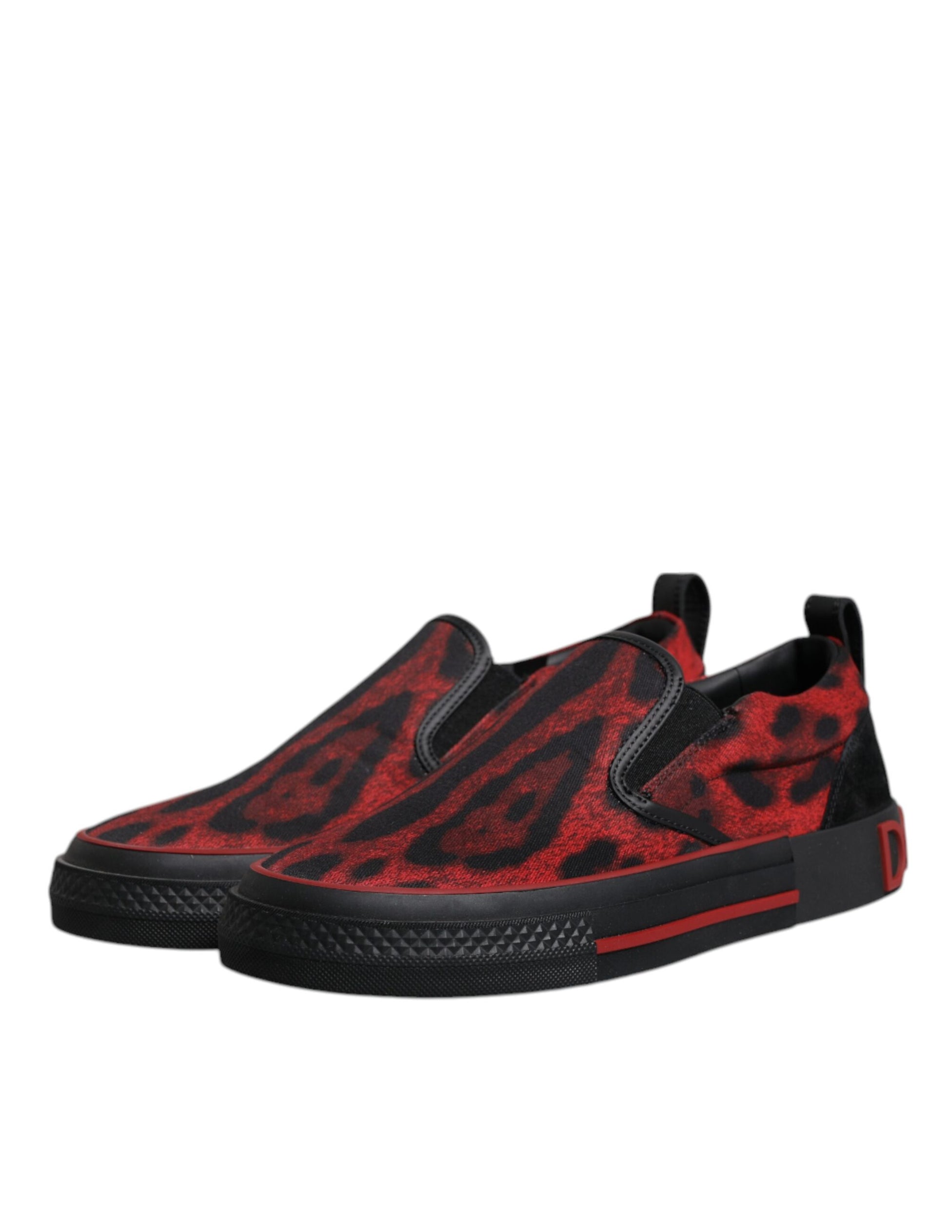 Red black leopard print men's low top sneakers with white soles