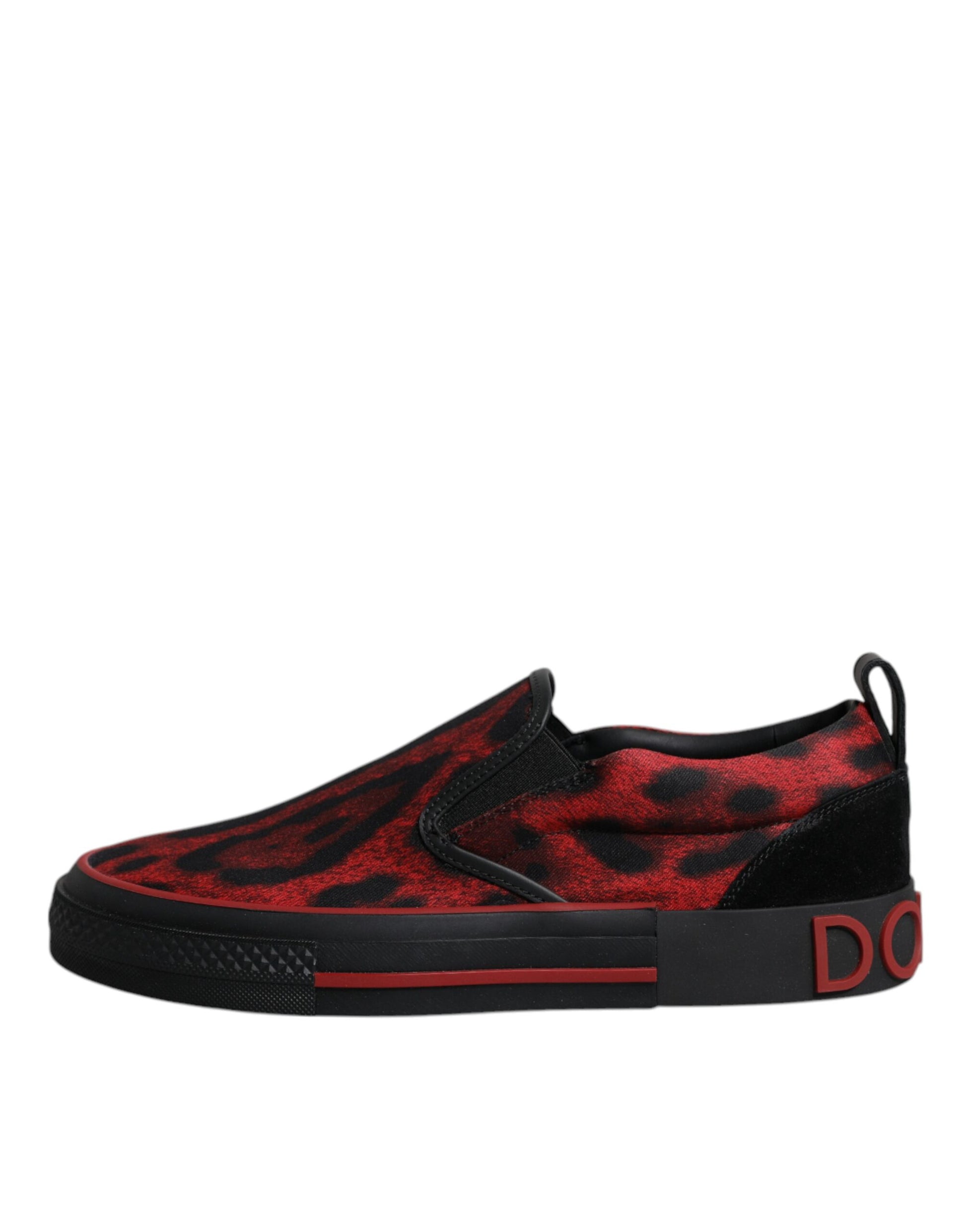 Red black leopard print men's low top sneakers with white soles