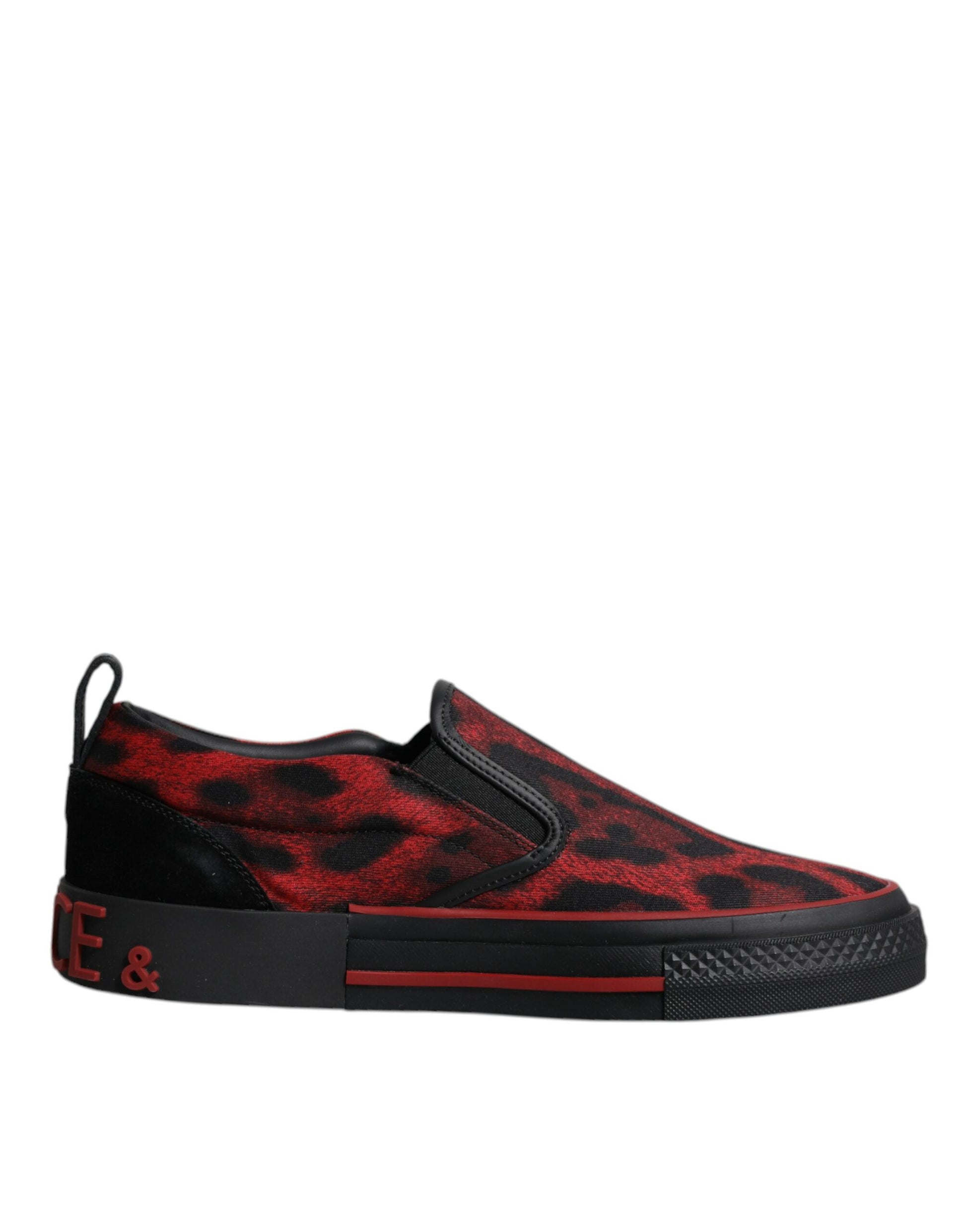 Red black leopard print men's low top sneakers with white soles