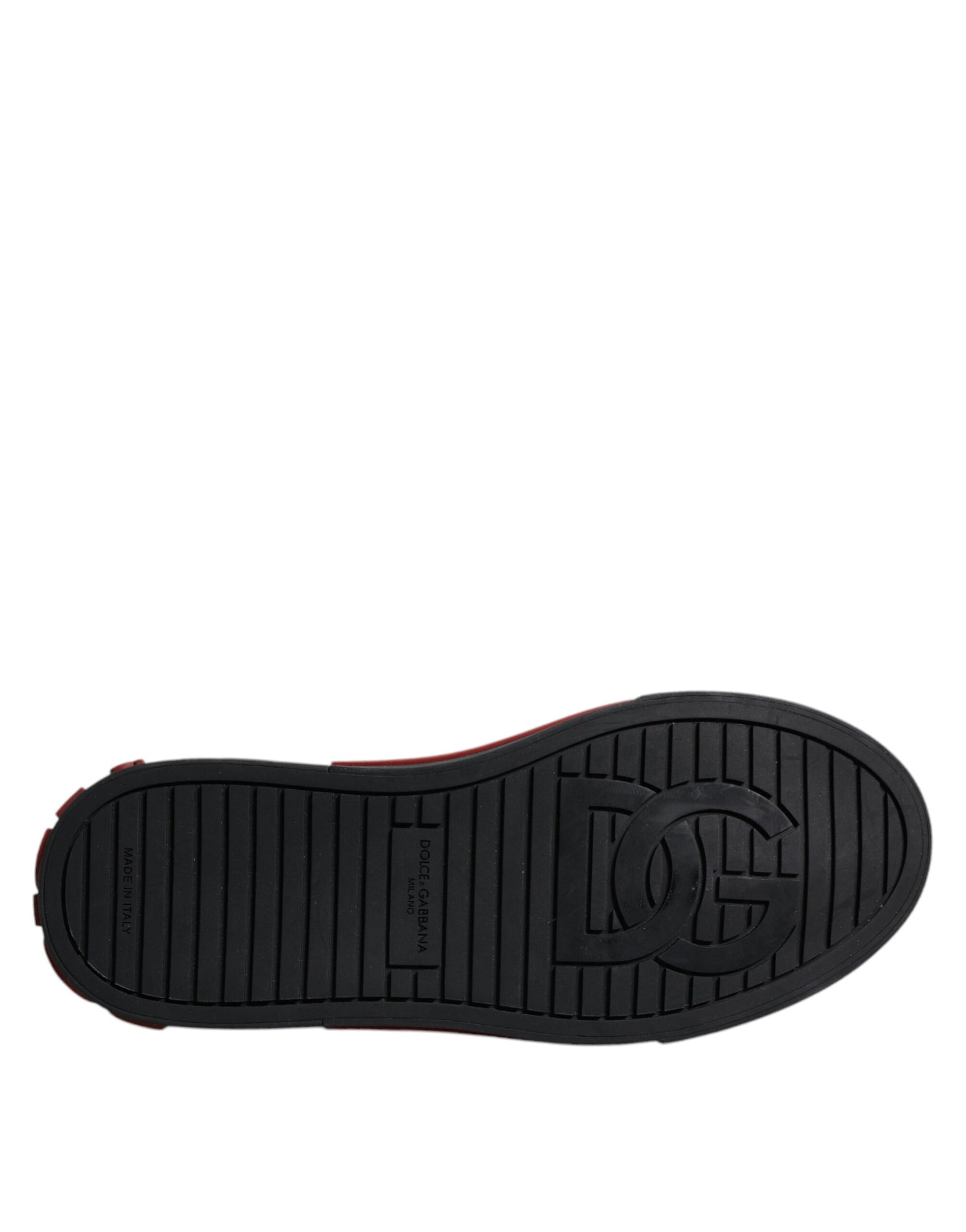 A single black sneaker with red accents and a leopard print design on the side