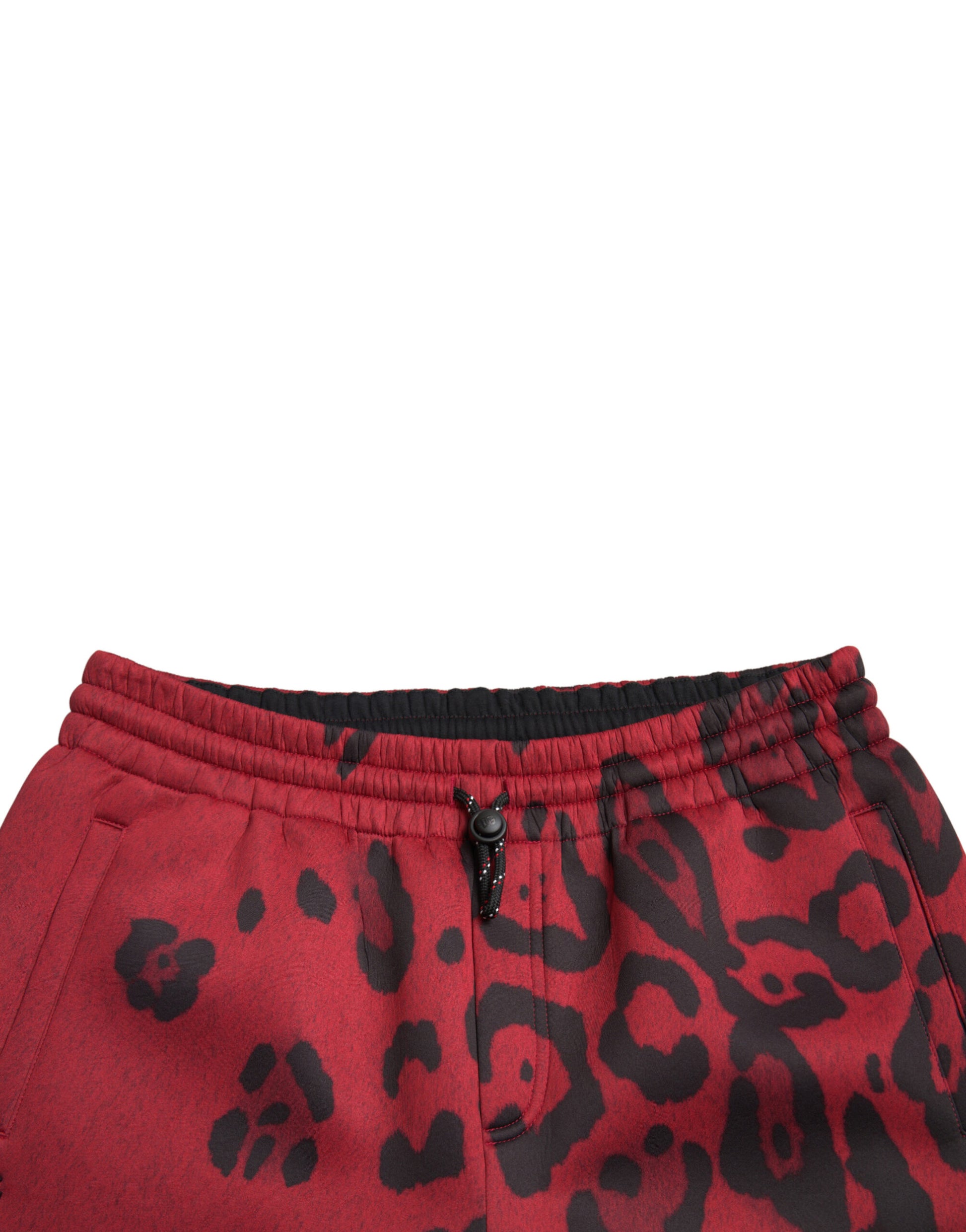 Red leopard print sweatpants with black zipper