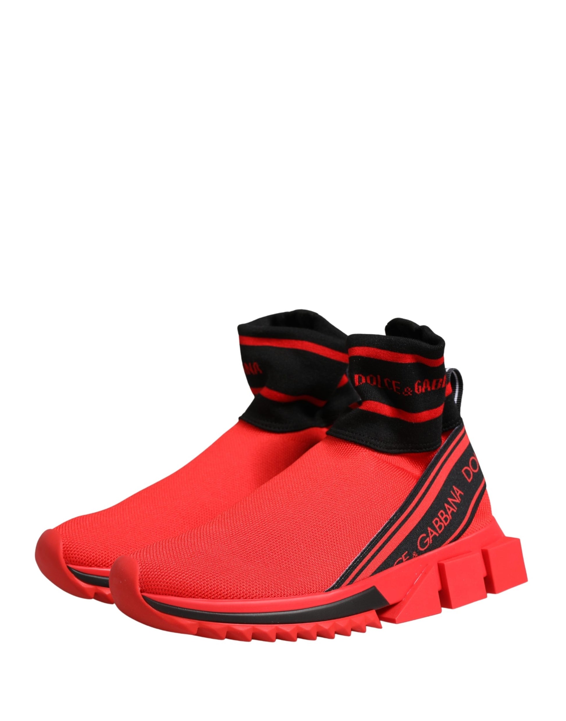 Red shoe with black laces and white sole