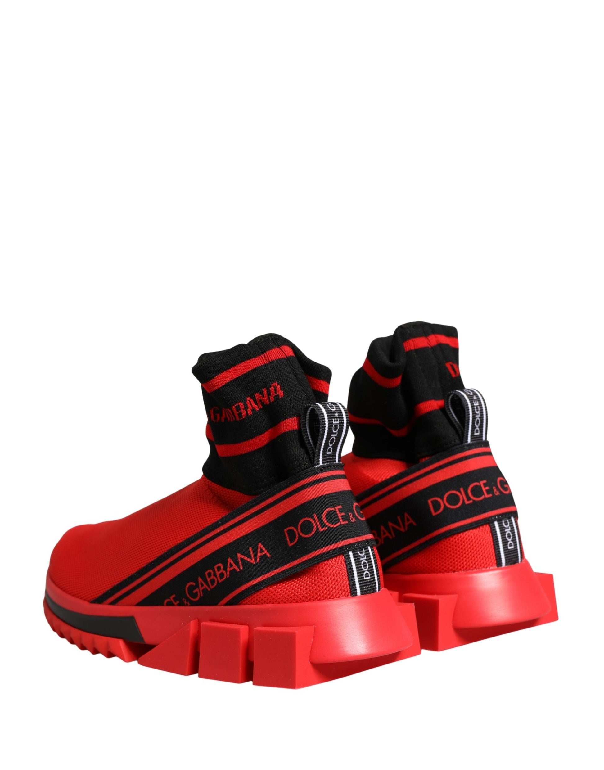 Red sneakers with black straps and white branding