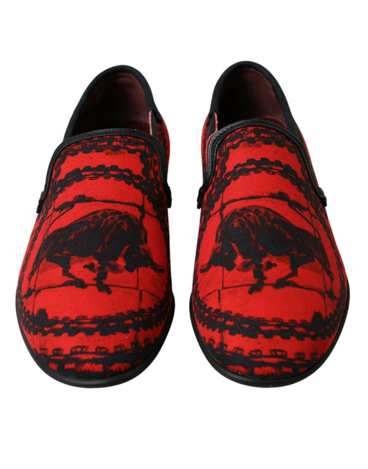 Pair of red shoes with animal print design