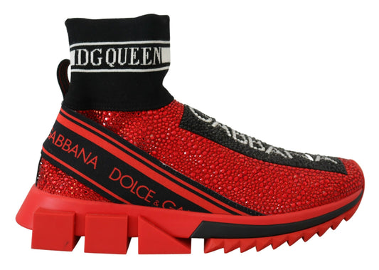 Red glittery sneakers with black laces and logos on side