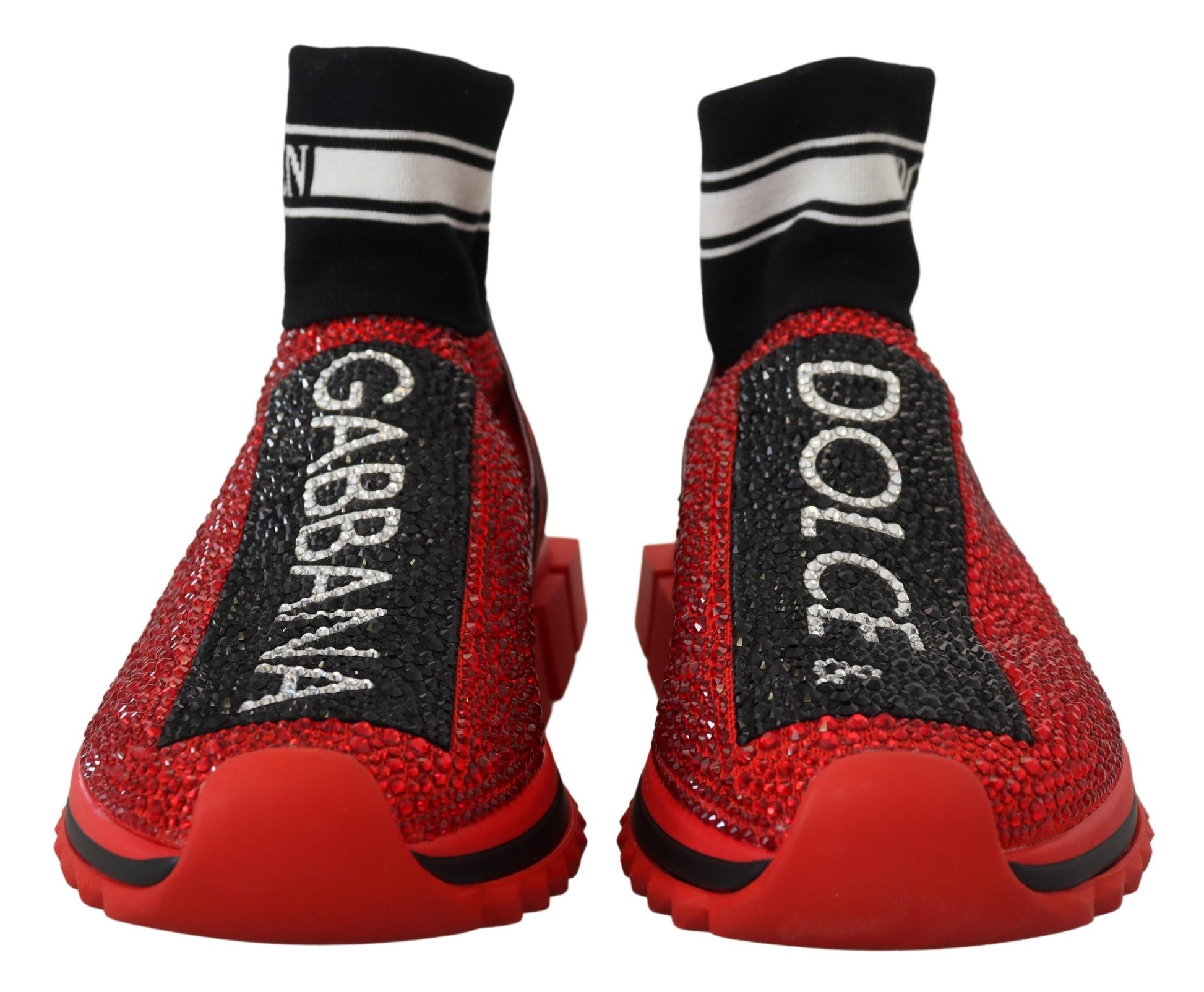 Red sneakers with white and black laces, featuring a sparkly design on the side