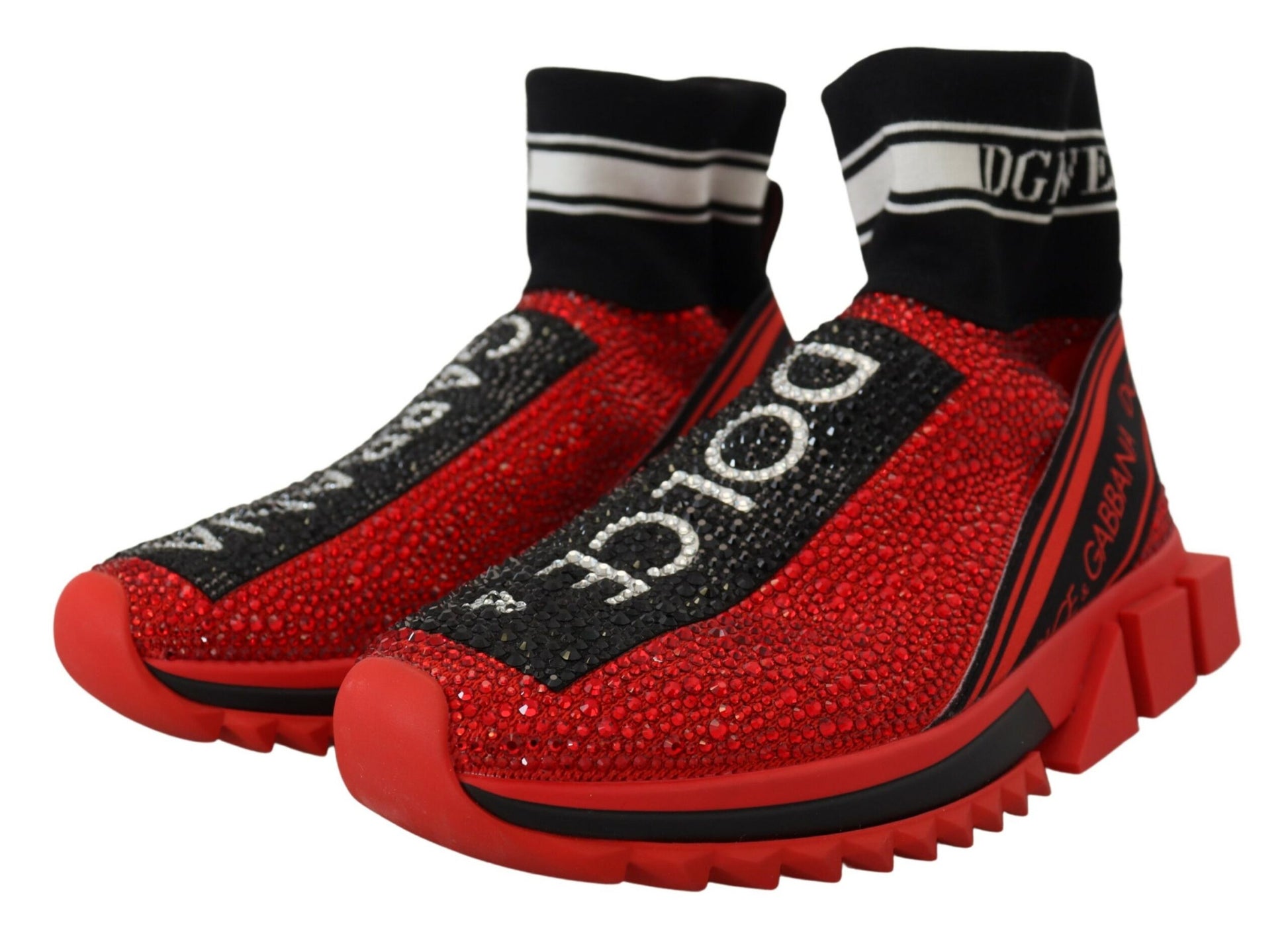Red and black athletic shoes with sparkly accents