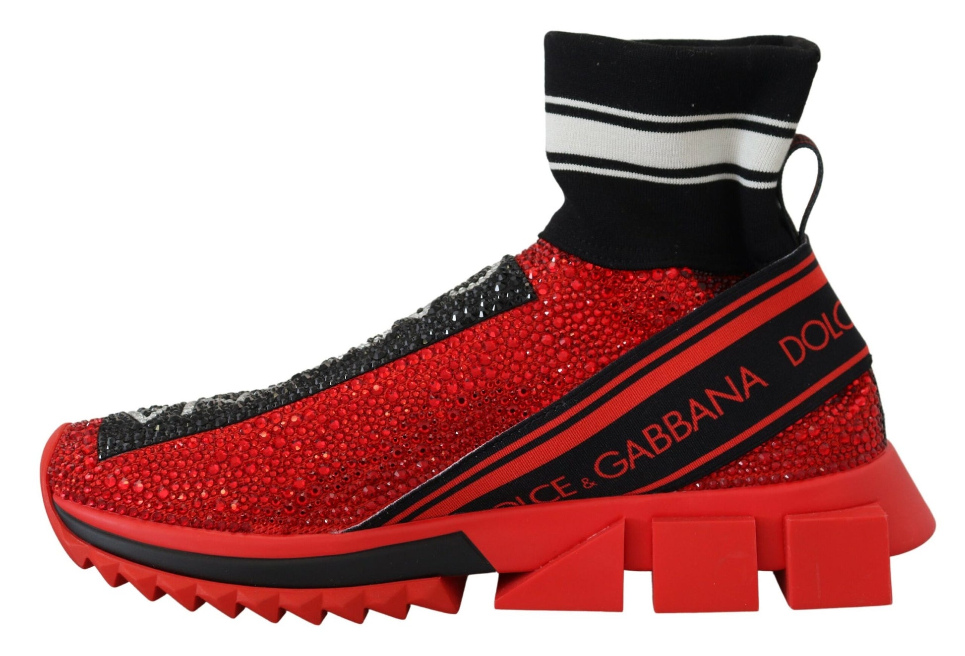 Red and black sneaker with glittery texture on side panels