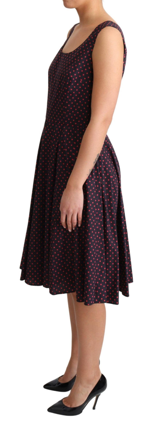 A-line dress with polka dots, red and blue pattern, cotton fabric