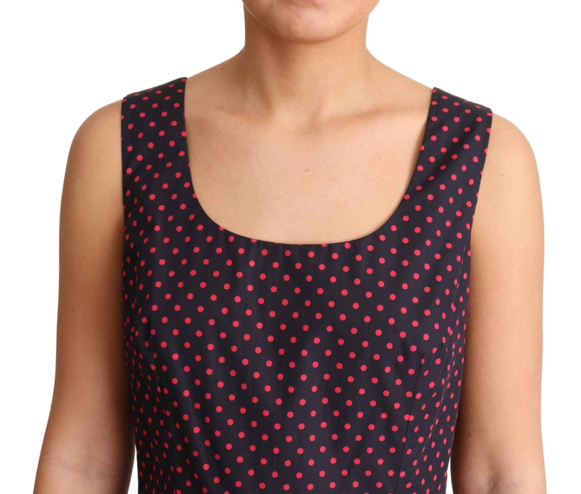 A red and blue polka dot dress with an A-line silhouette