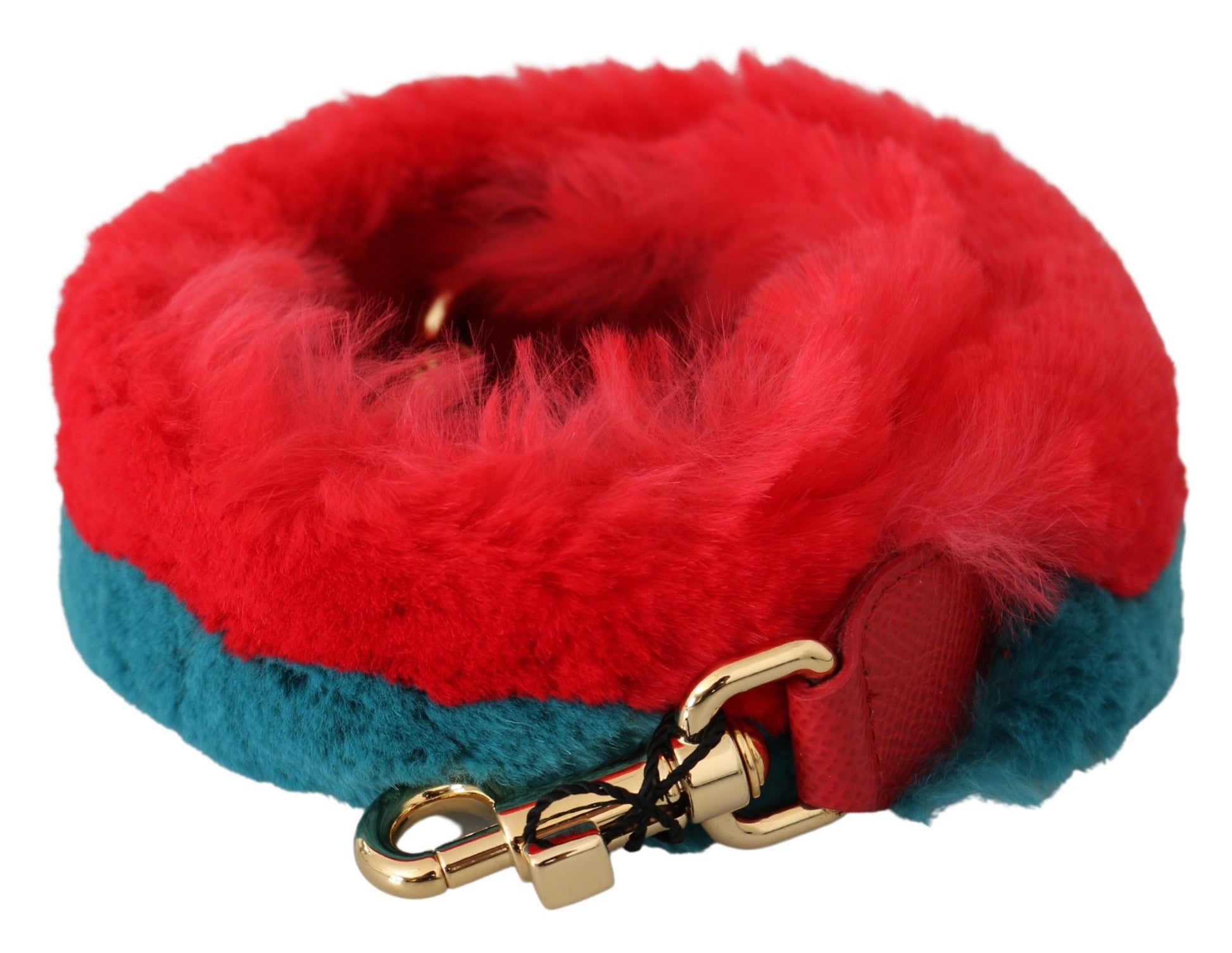 Red and blue fuzzy dog collar with gold buckle