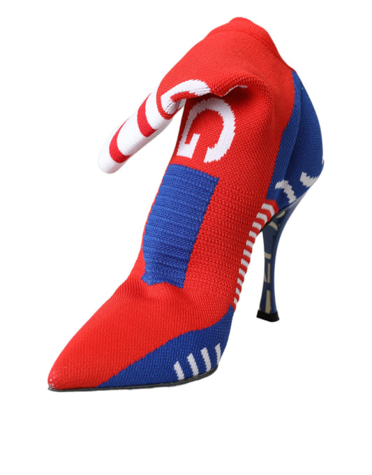 Red high heel shoe with blue and white design on toe