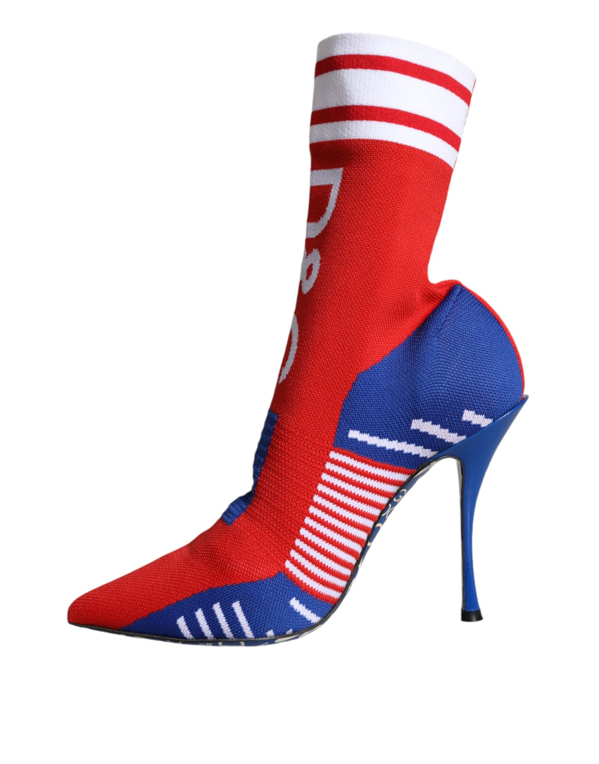 Red high heel shoe with blue stripes and white lettering