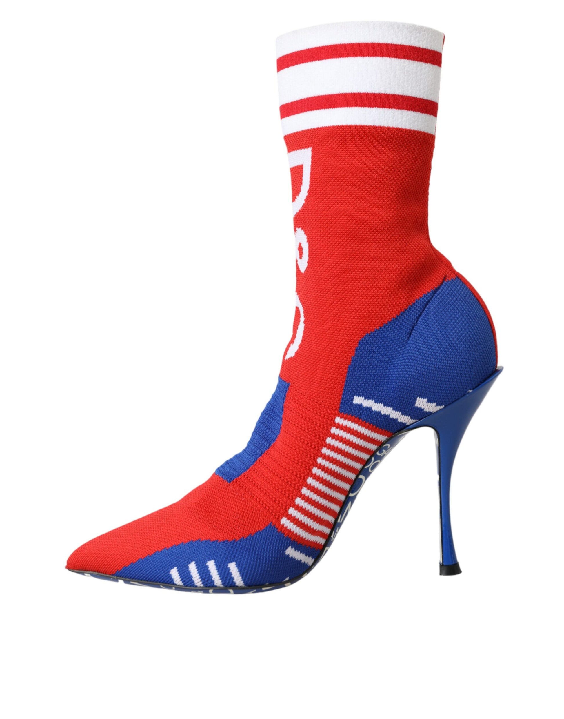 Red and blue sock boot with heel