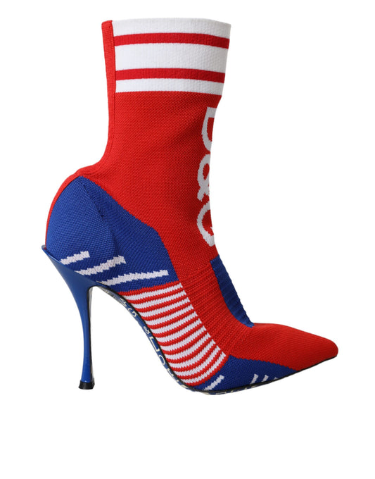 Red white and blue high heel shoe with sock on top