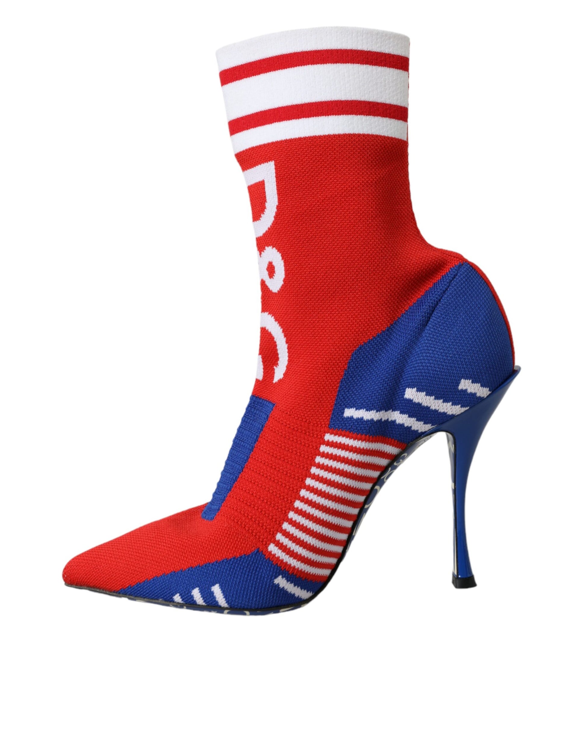Red and blue sock boot with white stripes