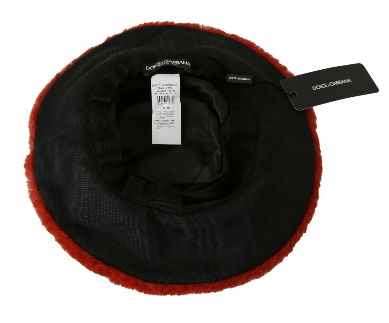 Black hat with red trim and tag