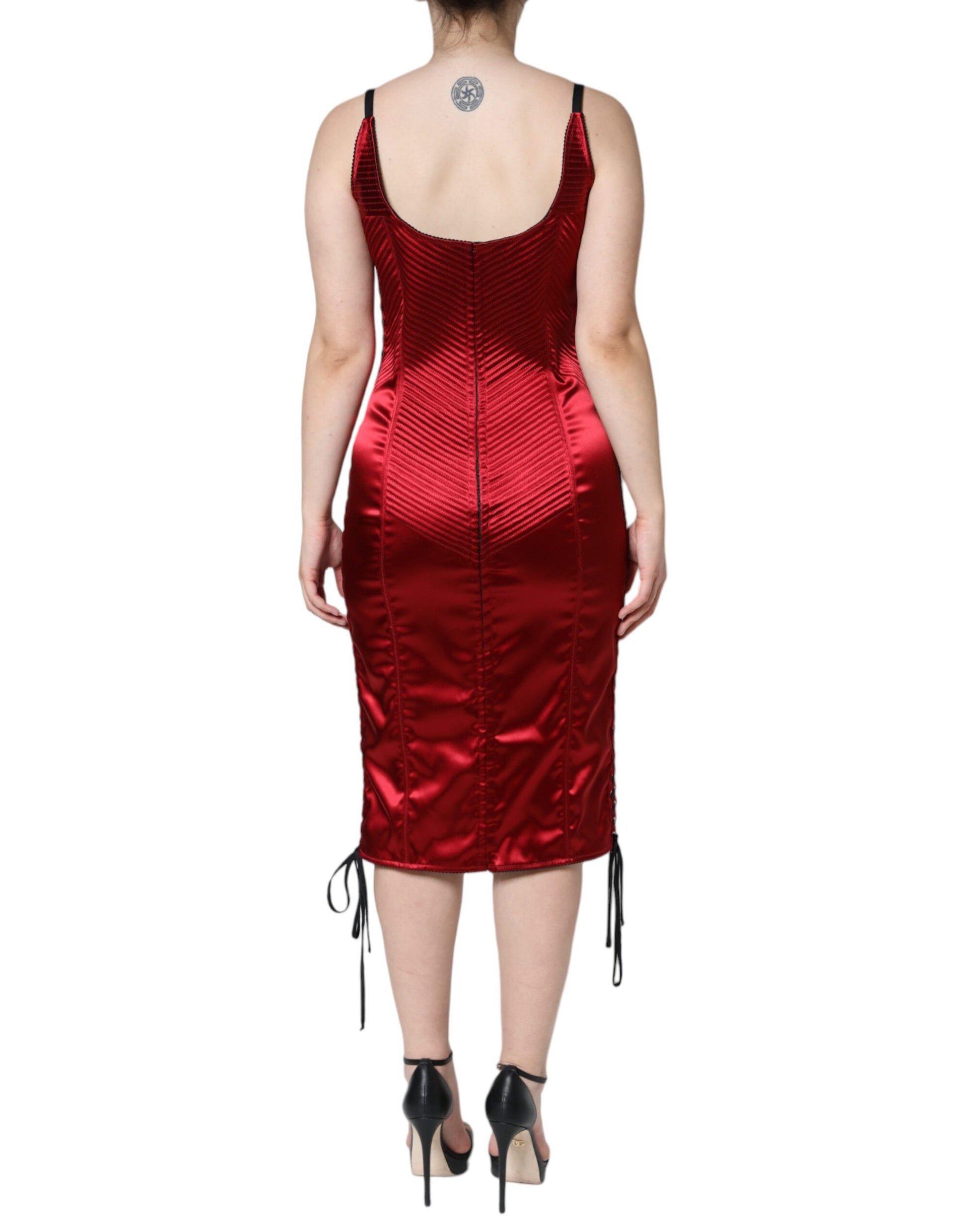 A red bustier corset lace bodycon midi dress from Dolce & Gabbana