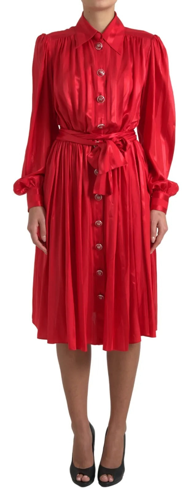 A red satin midi dress with a belt and buttons, from the brand Dolce & Gabbana