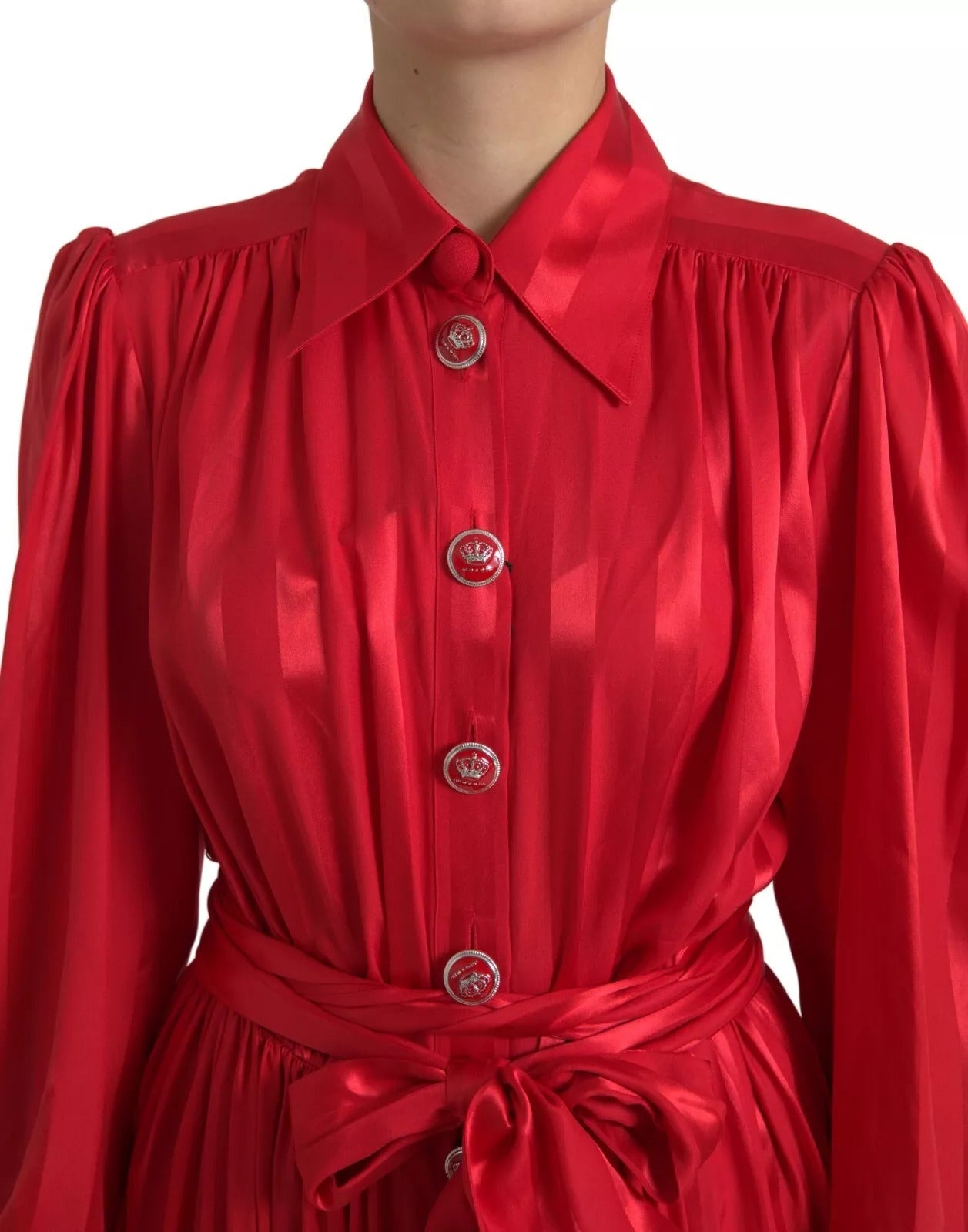 A red satin midi dress with belt and buttons, from the brand Dolce & Gabbana