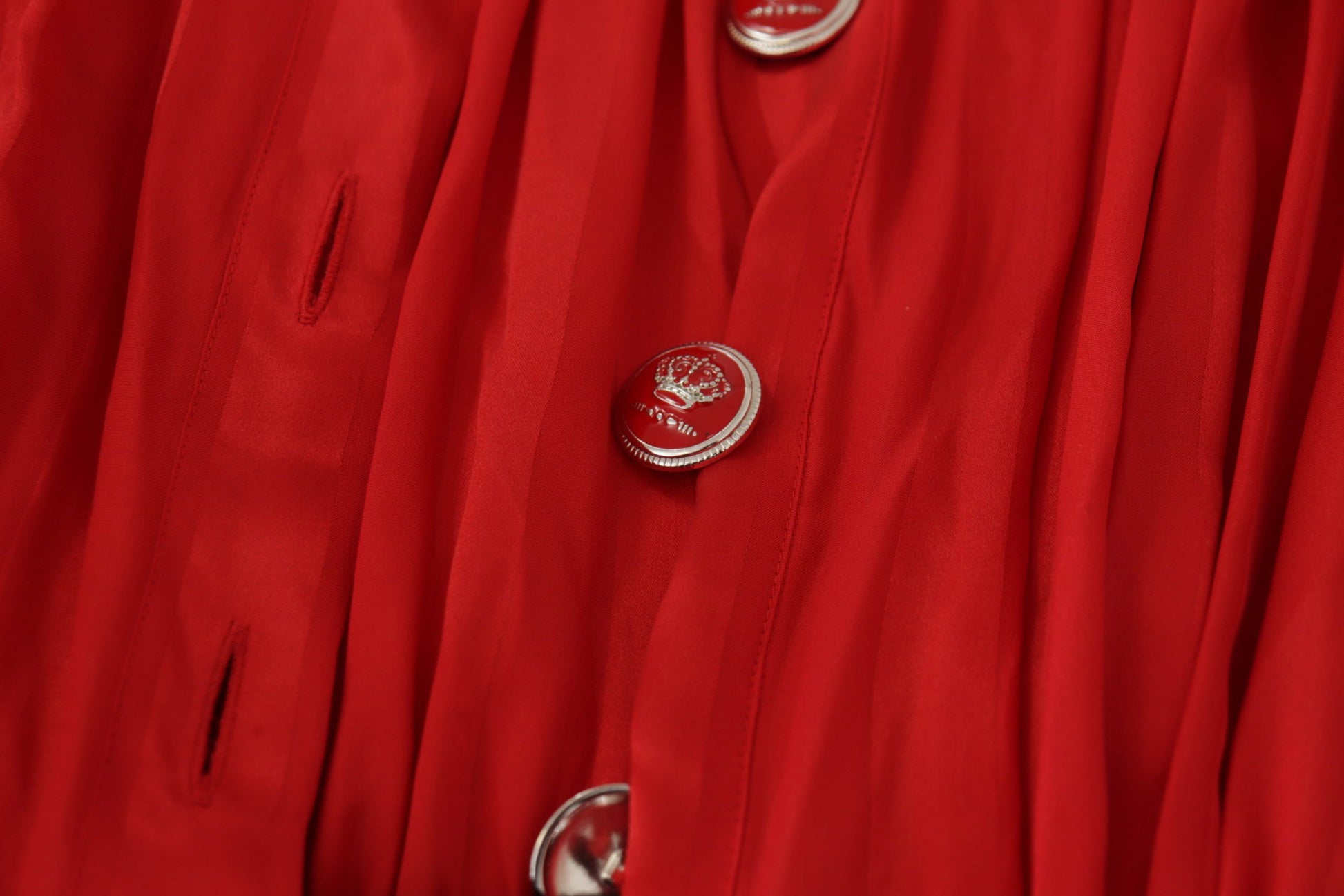 Red satin silk midi dress with belt and buttons