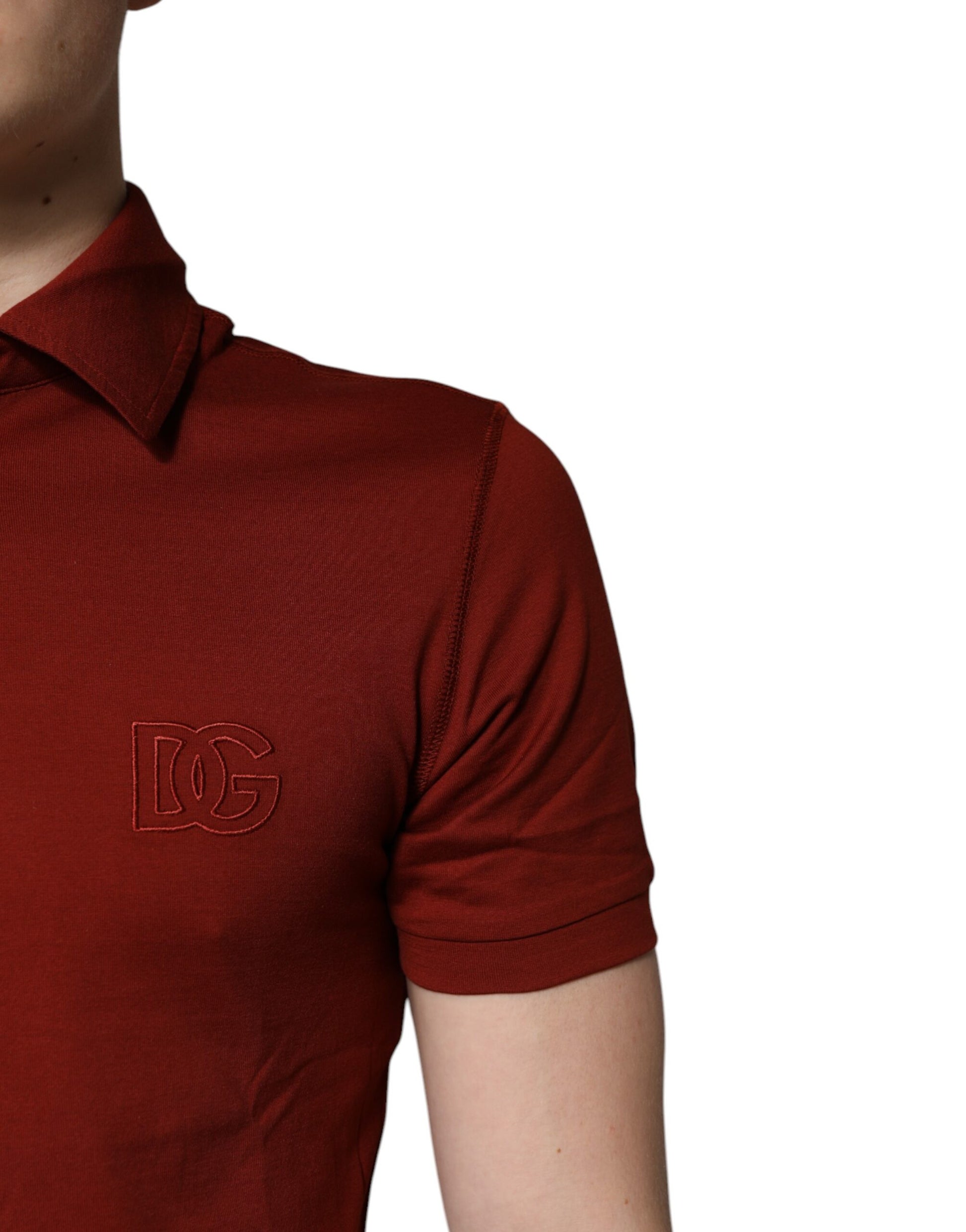 Red polo shirt with embroidered logo on left chest