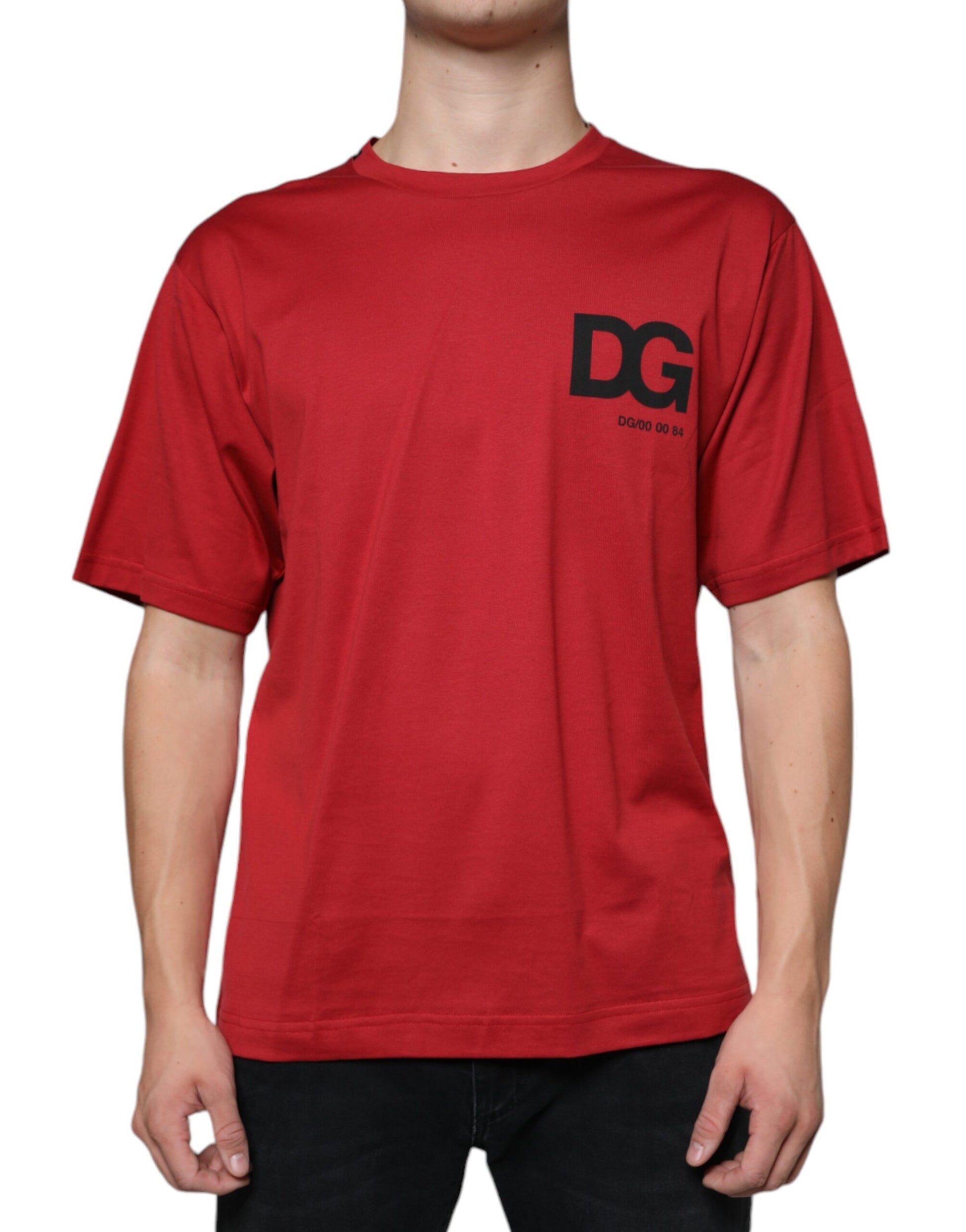 Red t-shirt with black lettering on front