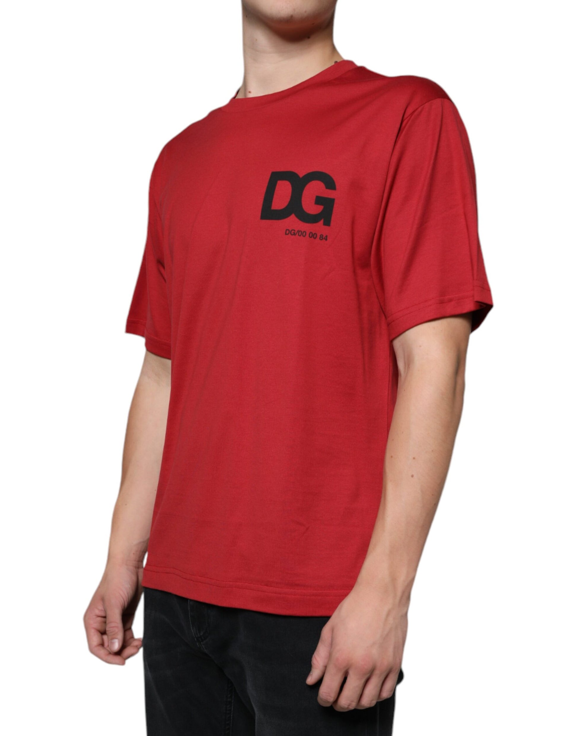 Red t-shirt with black logo on front