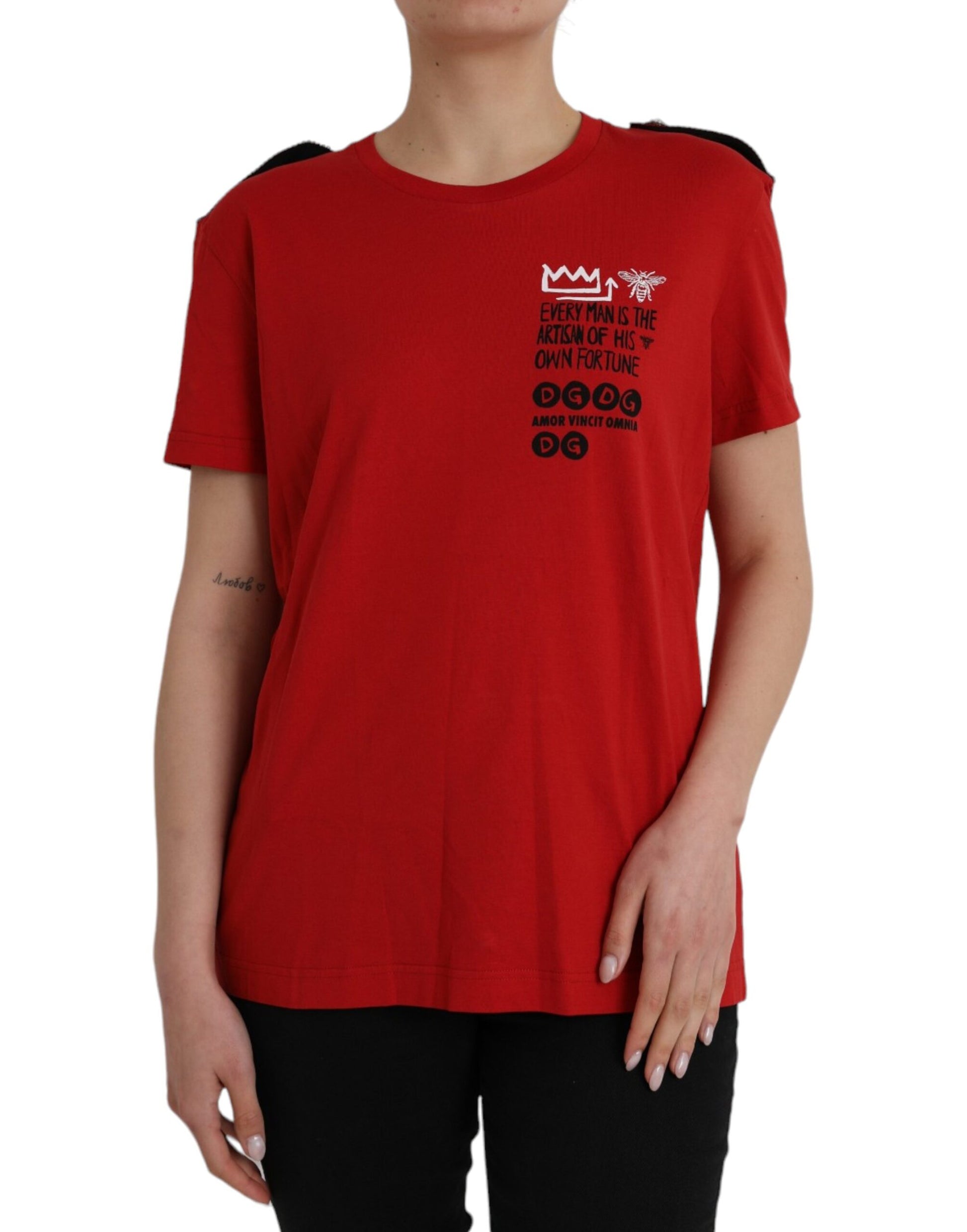 Red t-shirt with black lettering on front