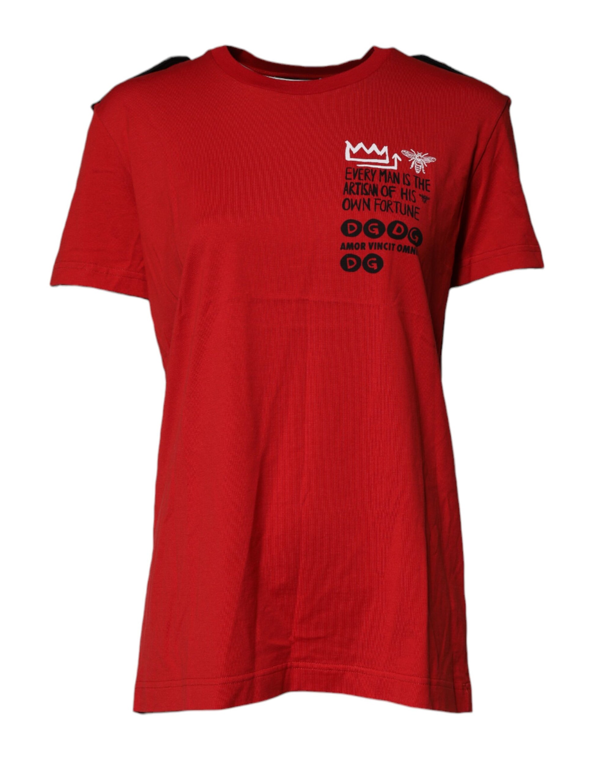 Red short sleeved t-shirt with white graphic print on front
