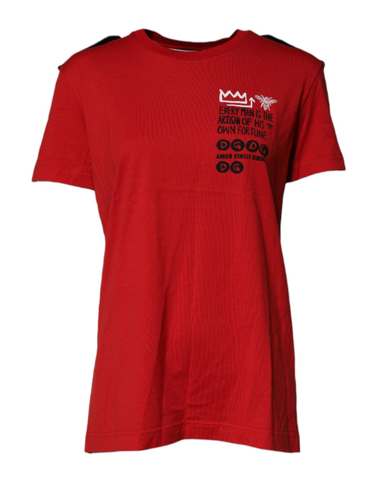 Red short sleeved t-shirt with white graphic print on front