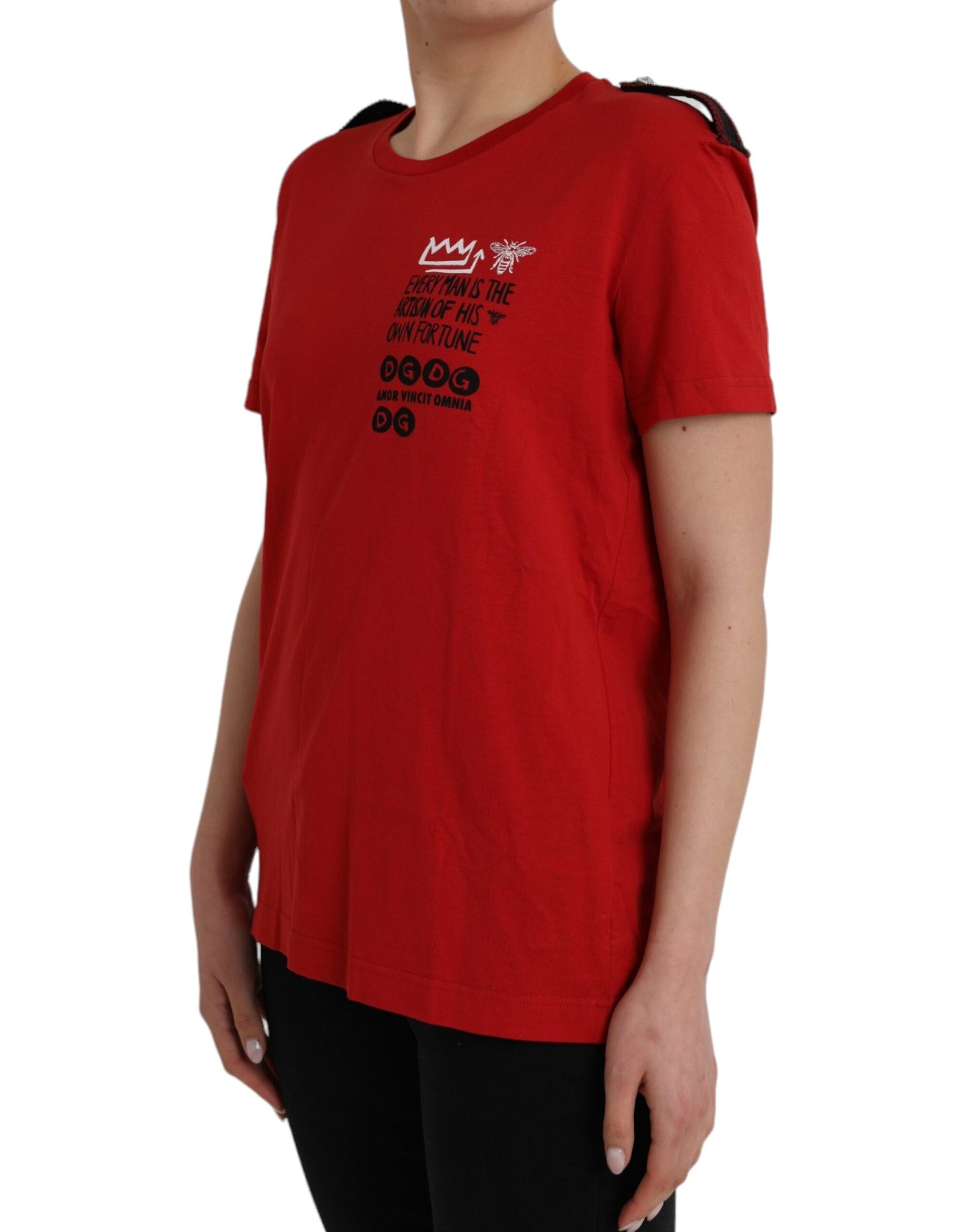 Red short sleeve shirt with graphic design on front