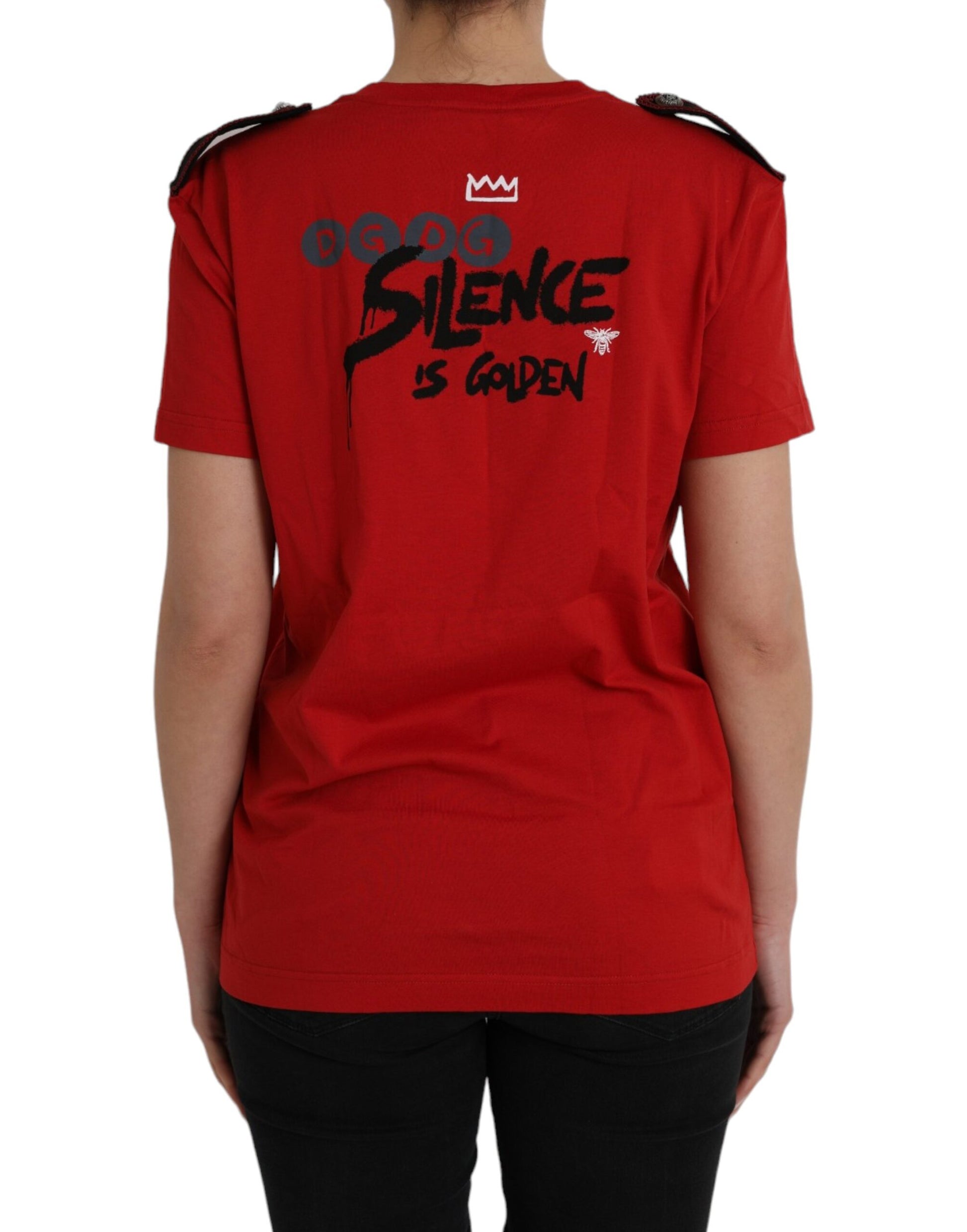 Red t-shirt with white lettering on back