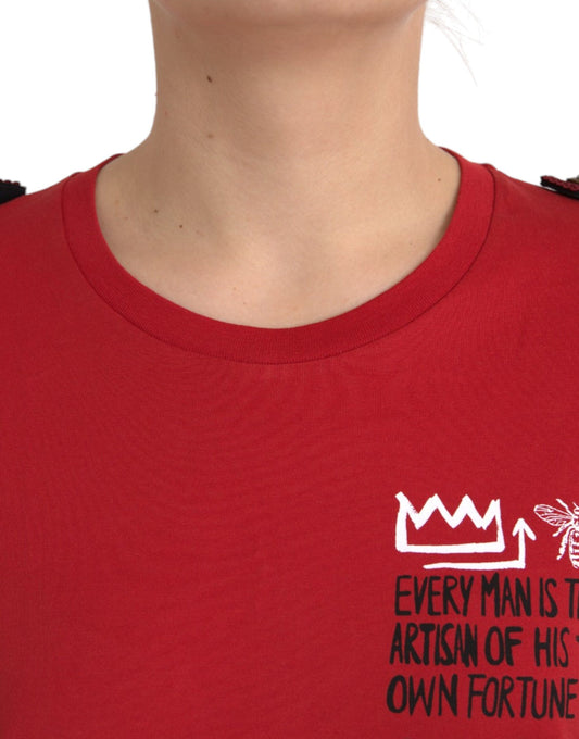 Red t-shirt with white lettering on front