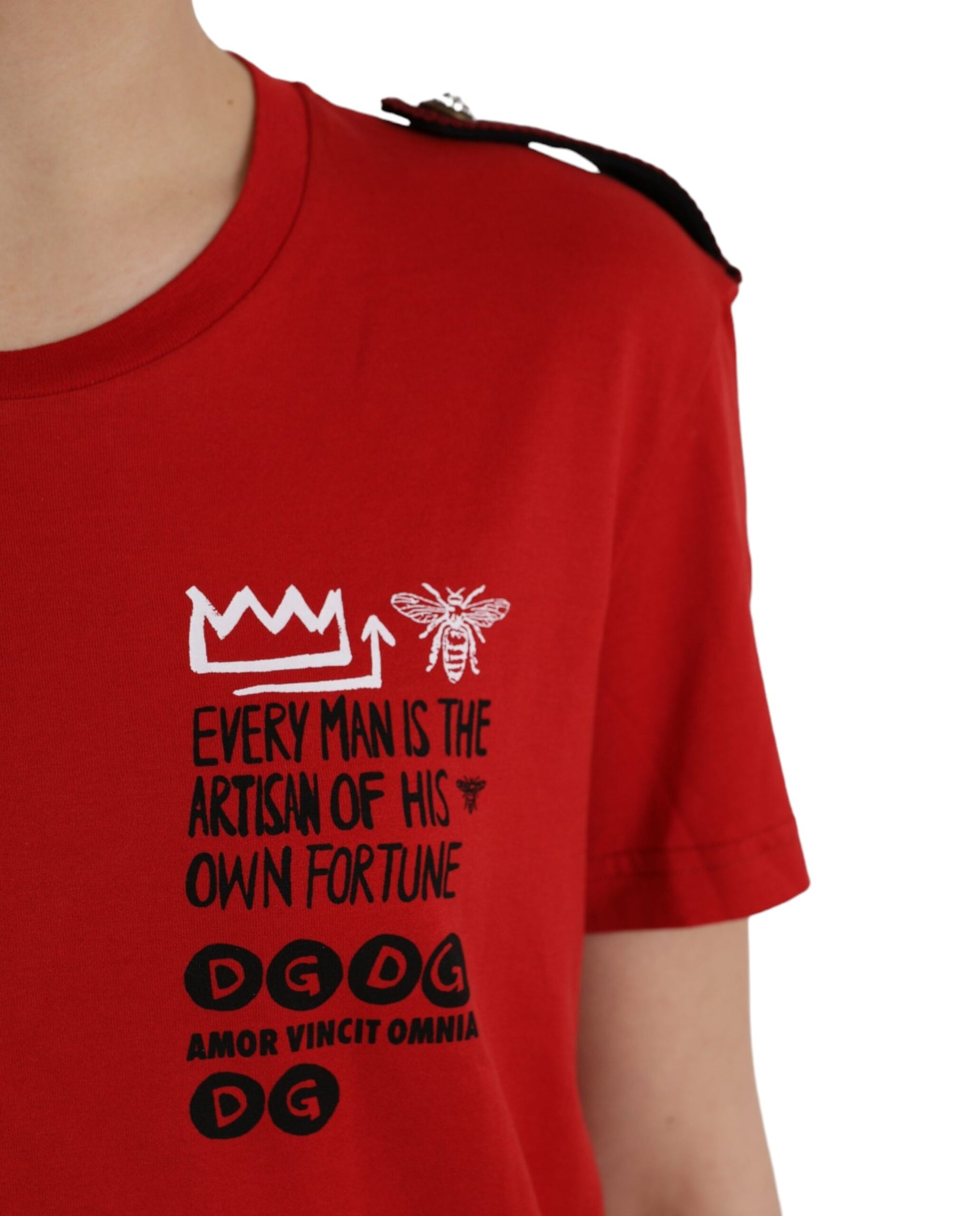 Red t-shirt with bee design and text