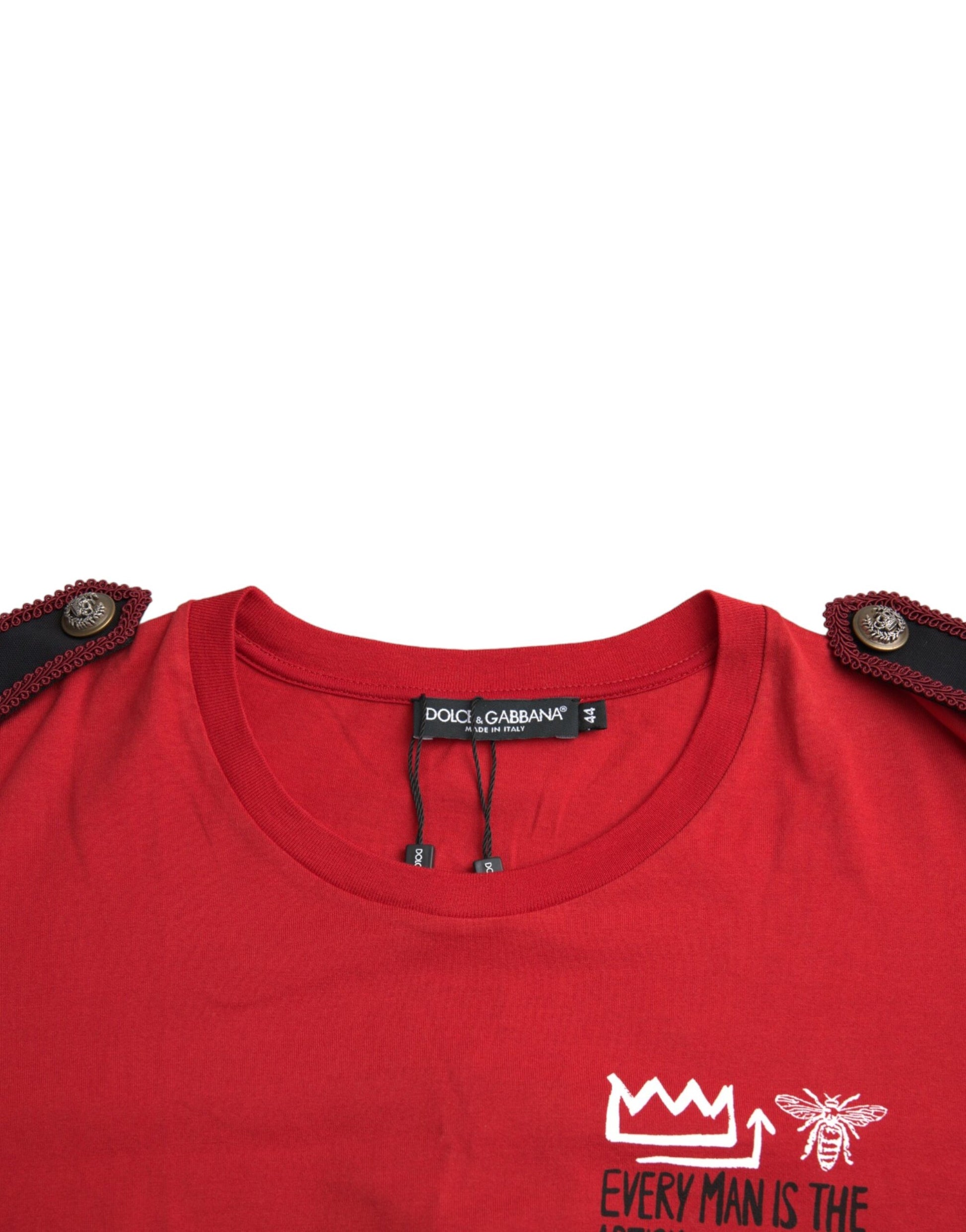 Red t-shirt with white lettering