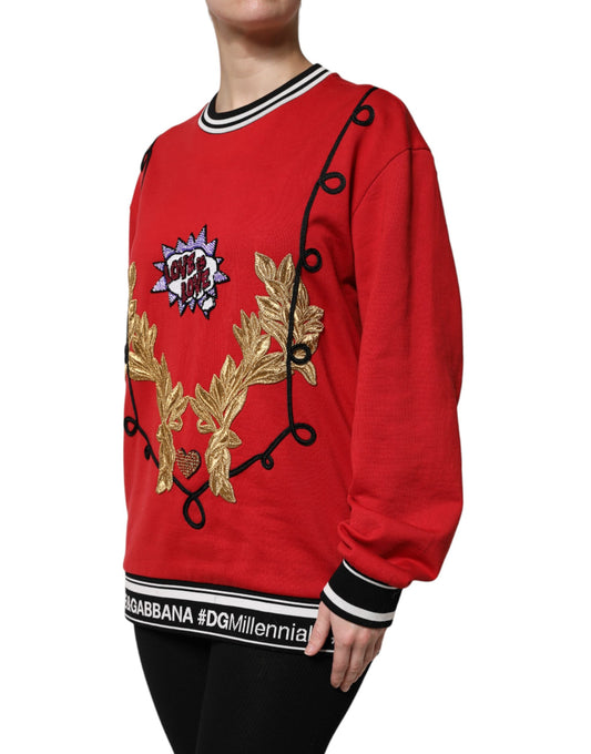 Red sweater with gold embroidery on front