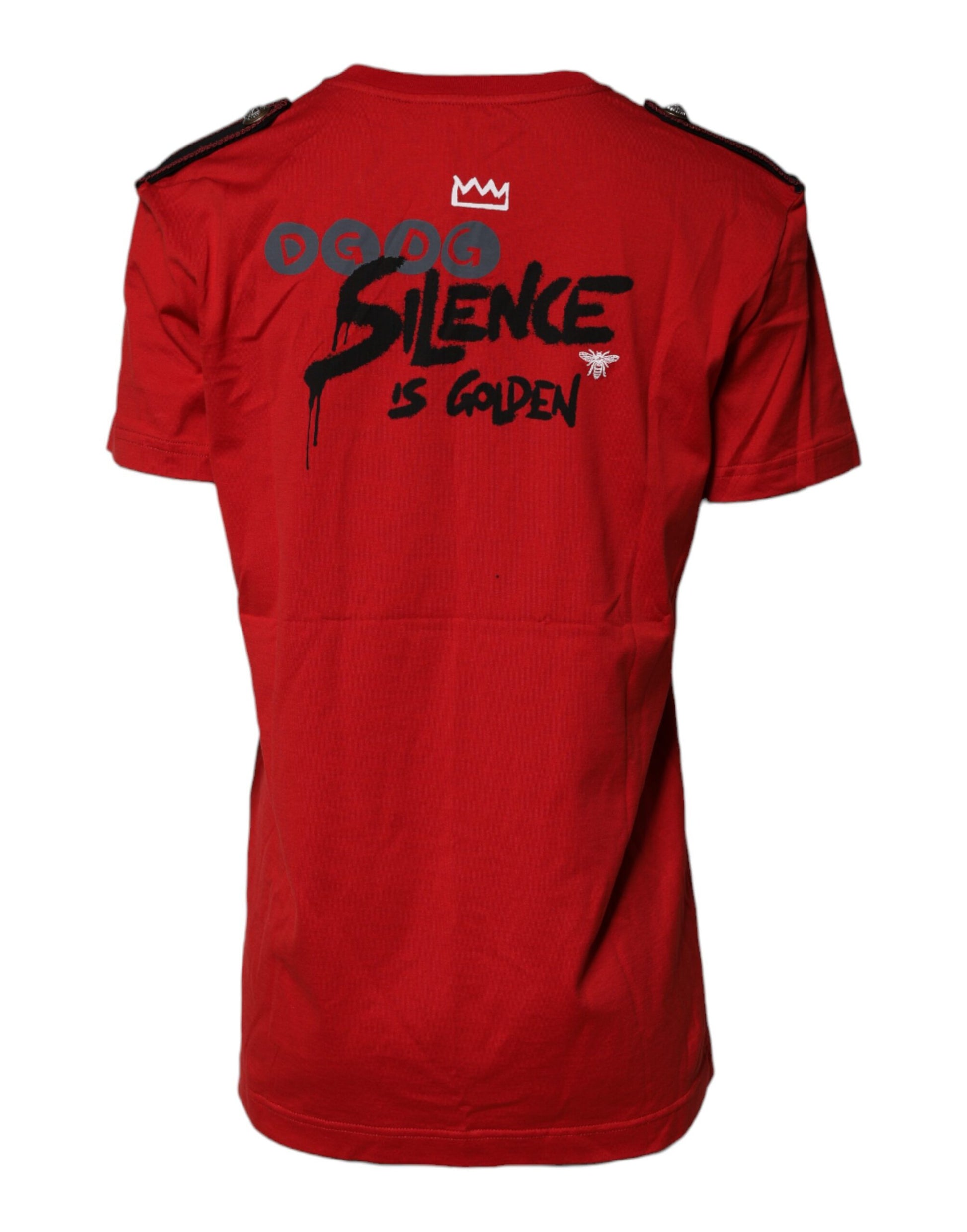 Red t-shirt with white lettering on back