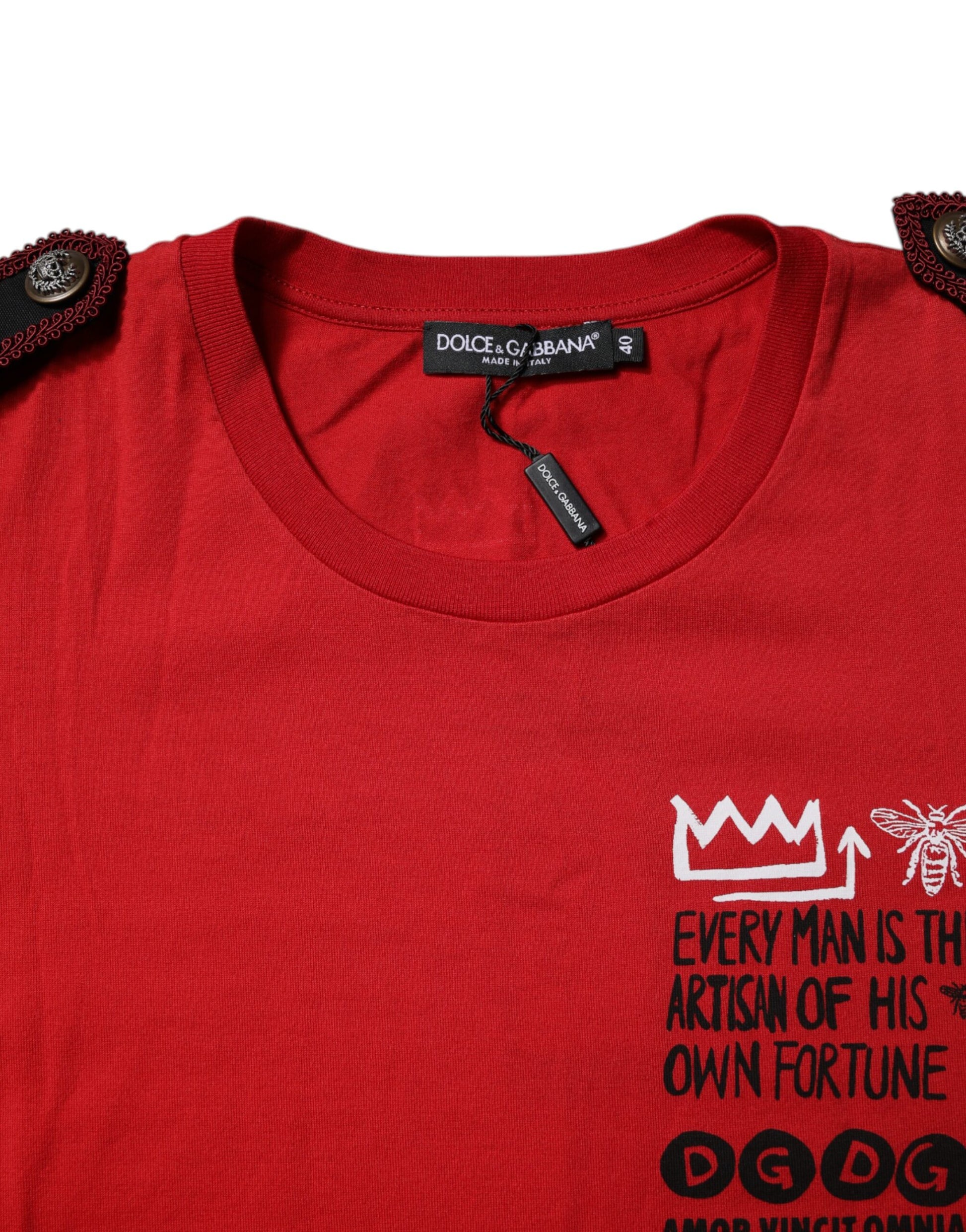 Red t-shirt with white lettering