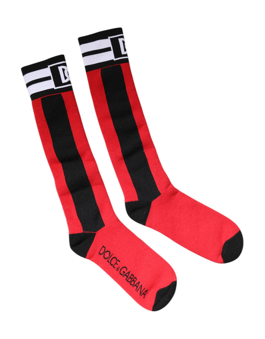 Red socks with white stripes and black lettering