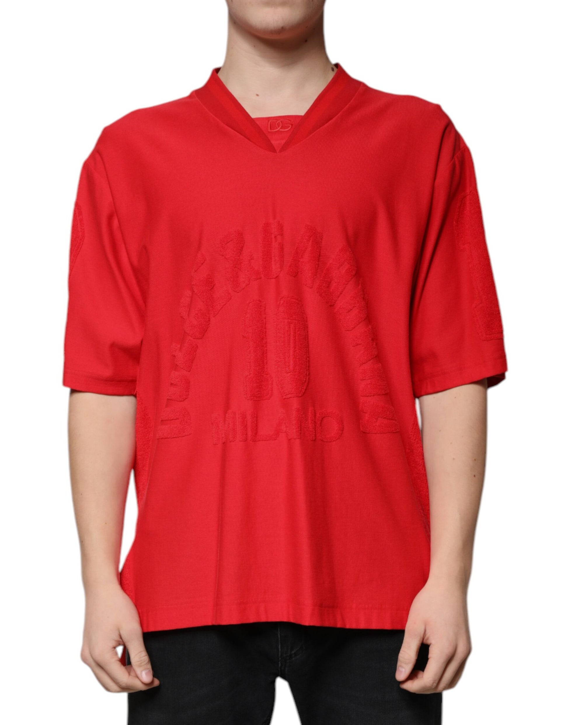 Red long sleeve shirt with embroidery on front