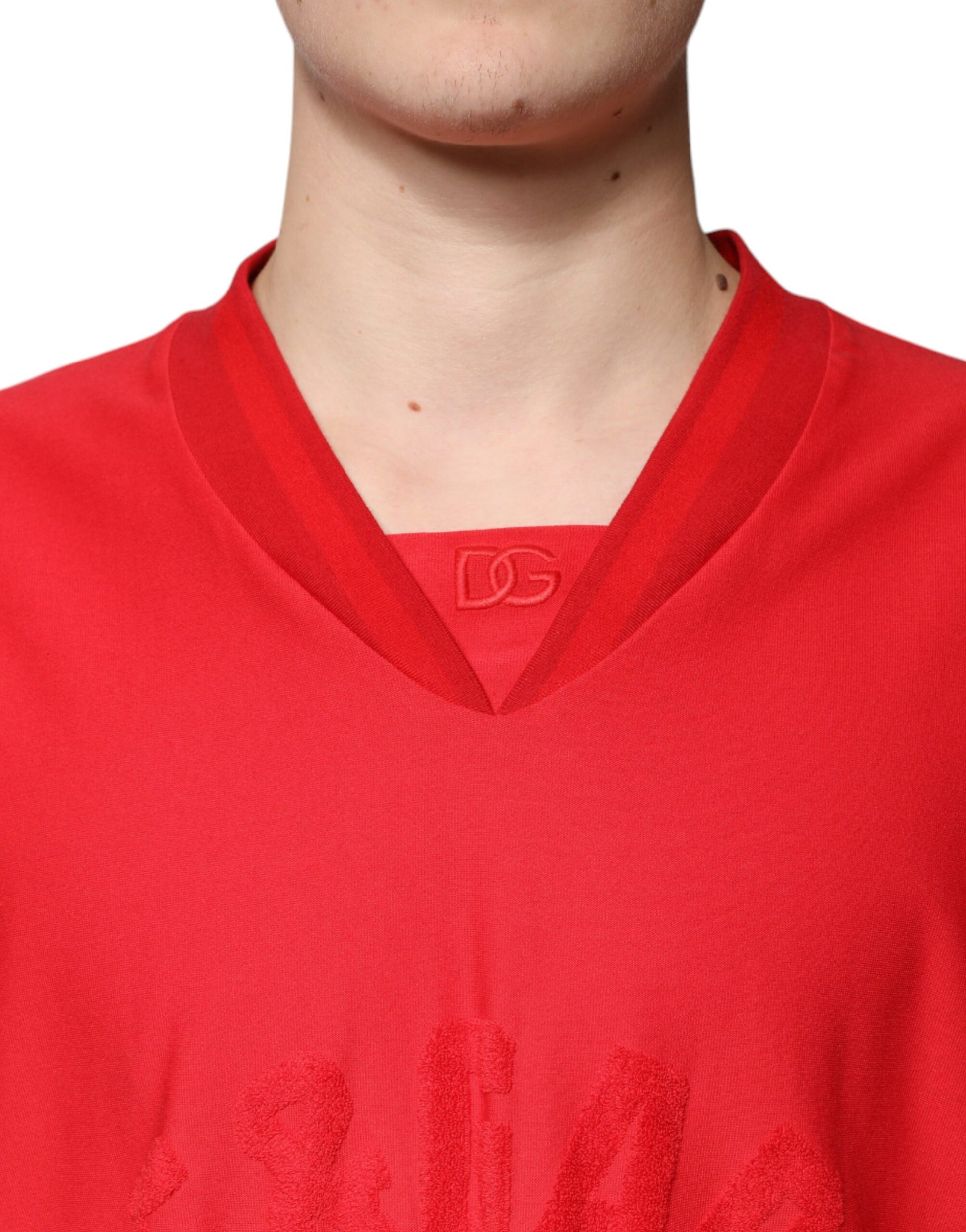 Red hockey jersey on a man