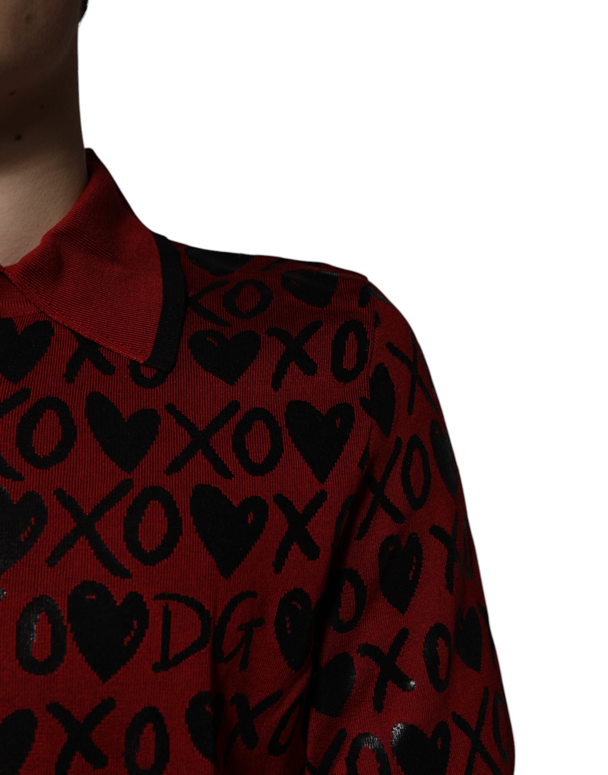 Red shirt with black hearts and x's