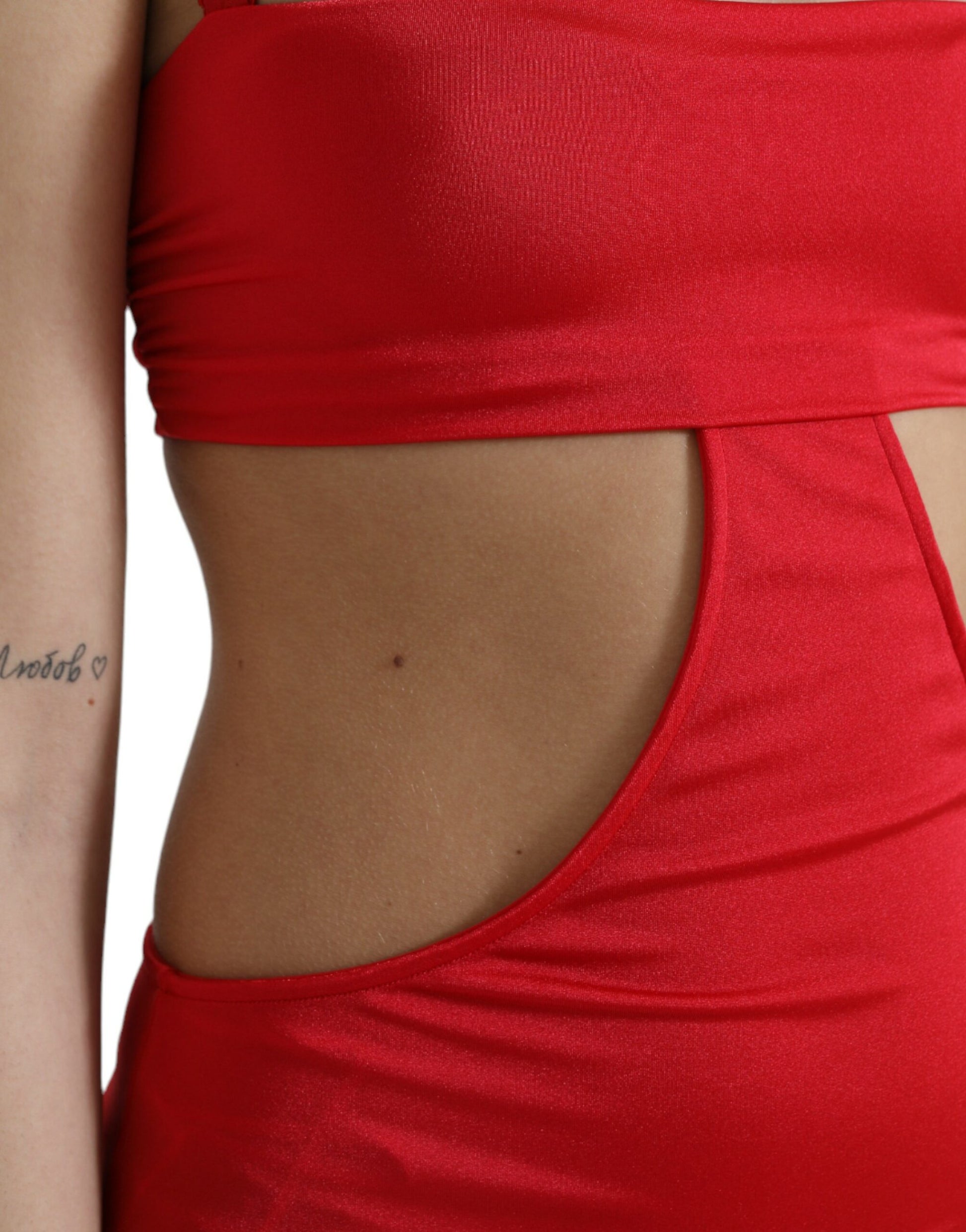 A red cutout nylon sheath sleeveless mini dress