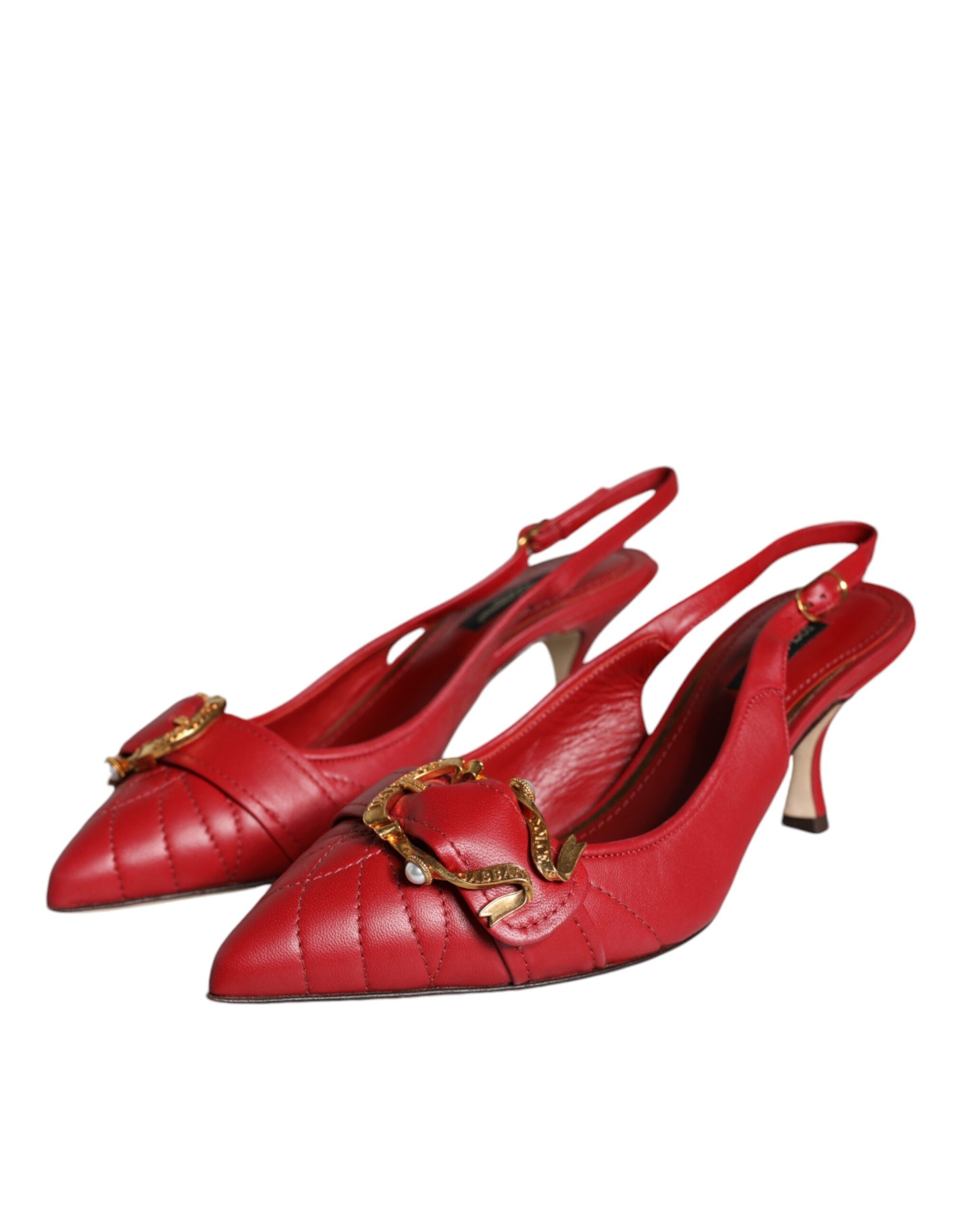 Red high heel shoes with gold accents