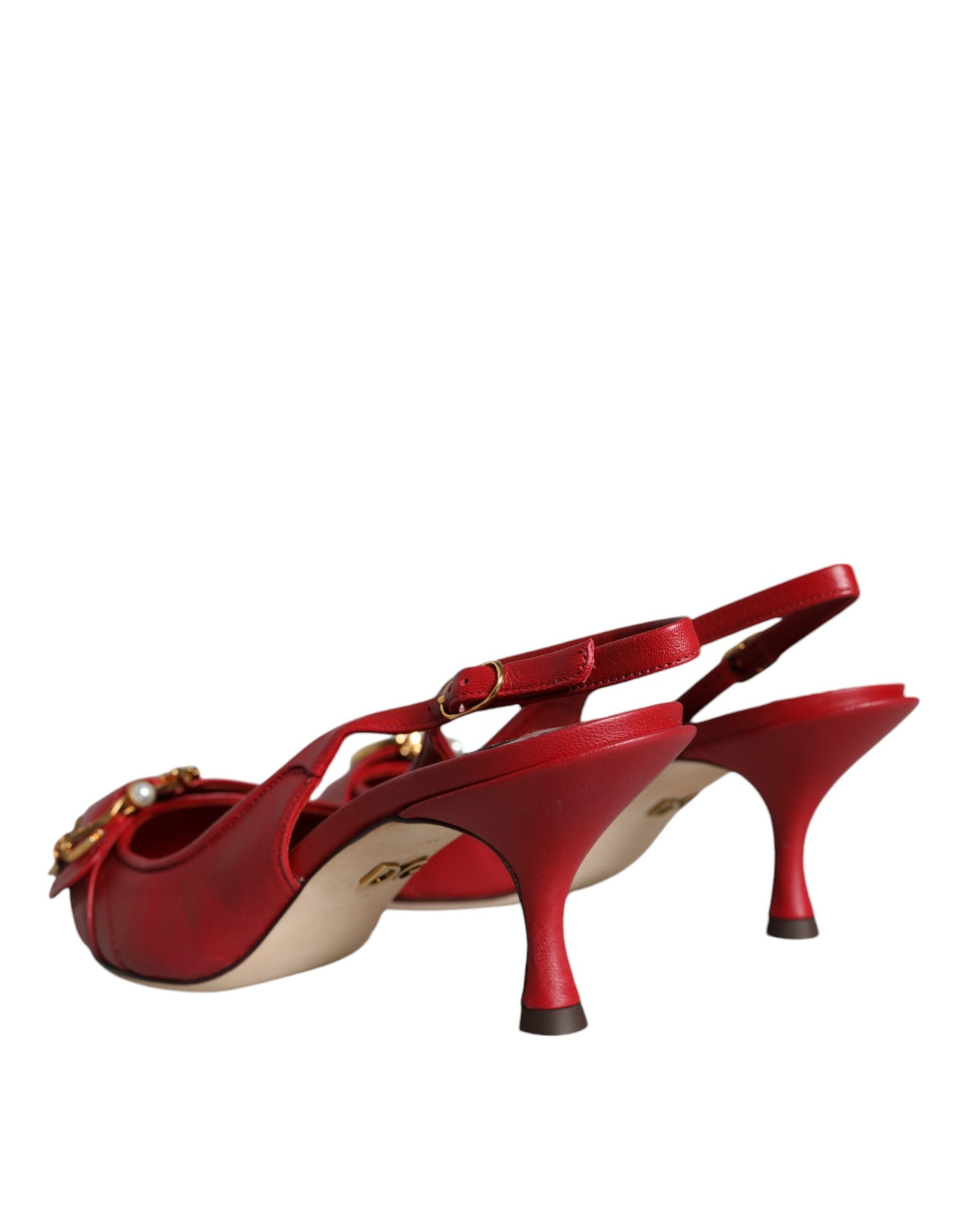 Red high heel shoes with gold accents