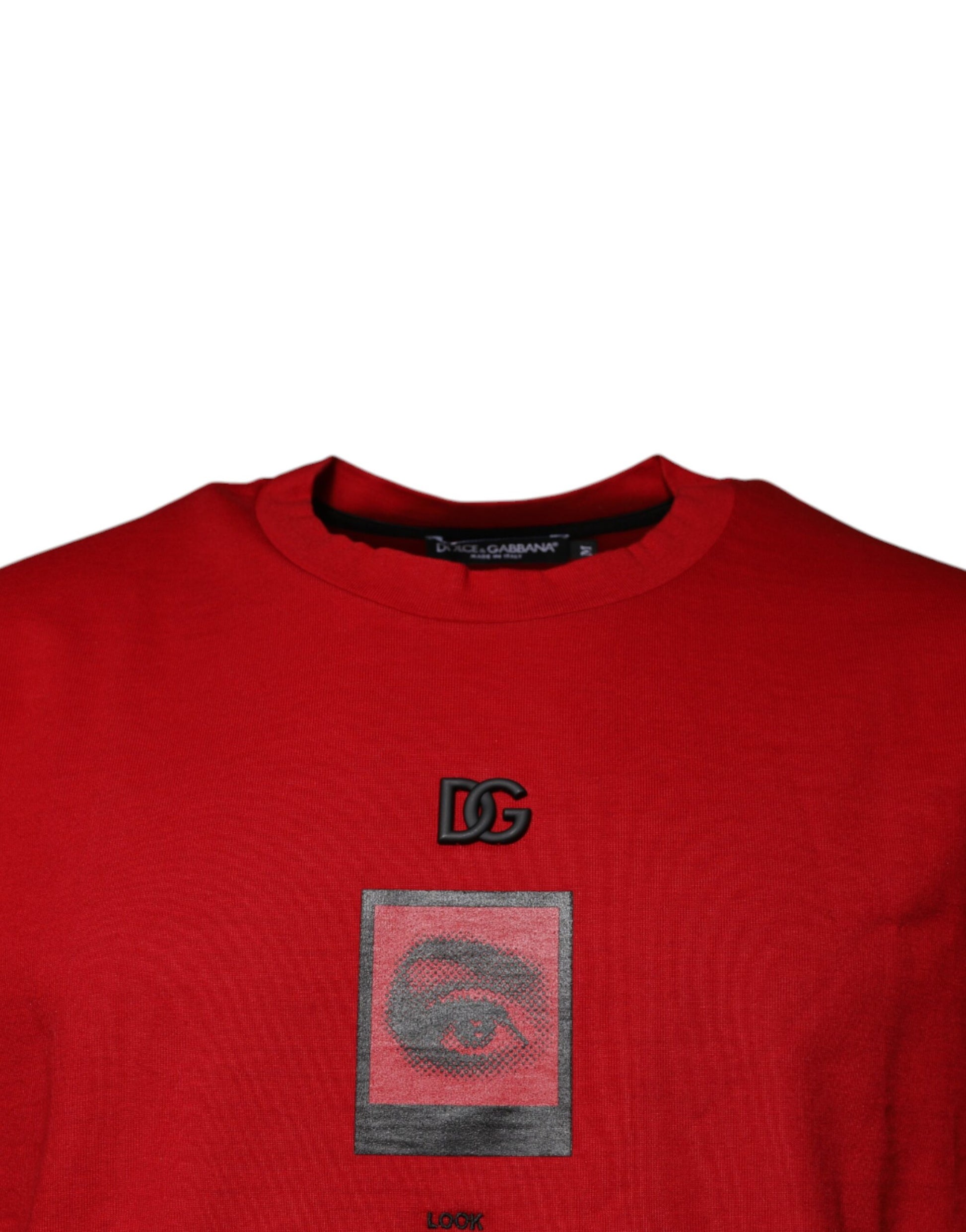 Red sweatshirt with black logo on front