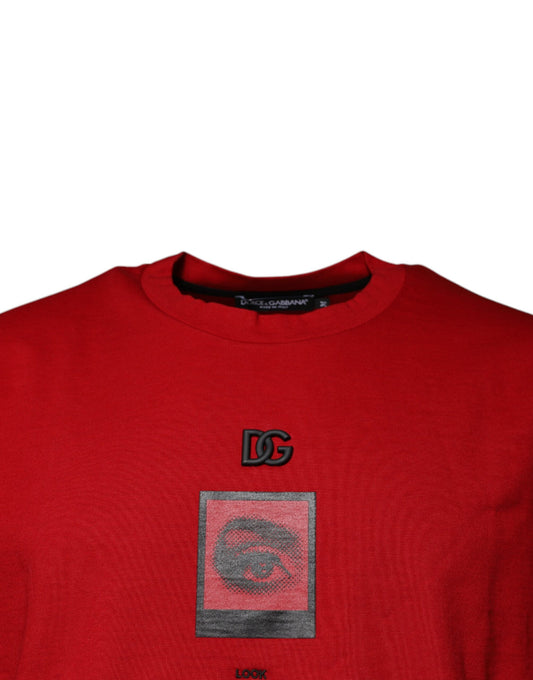 Red sweatshirt with black logo on front