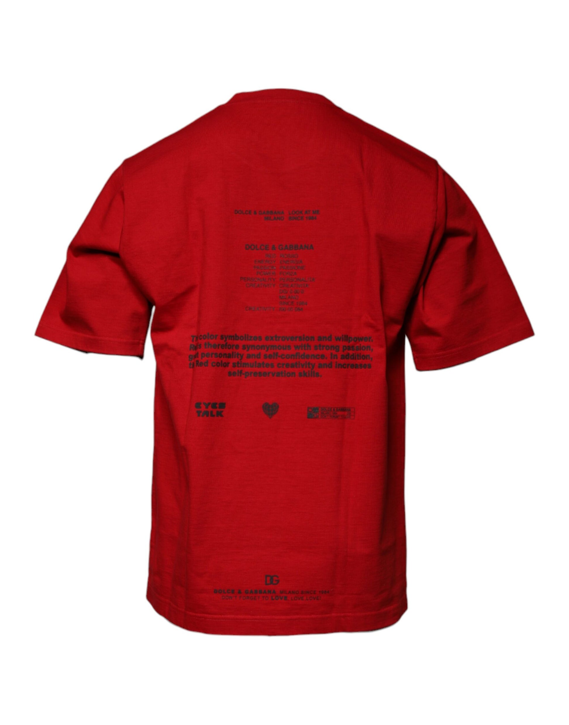 Red t-shirt with white text on back
